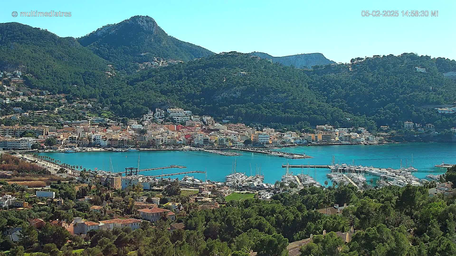 A coastal town with a marina filled with boats is nestled at the base of a lush green mountain range under a clear blue sky.