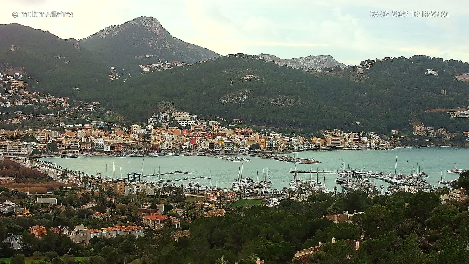 An overcast day reveals a coastal town nestled between green hills and a calm bay filled with boats at a marina.