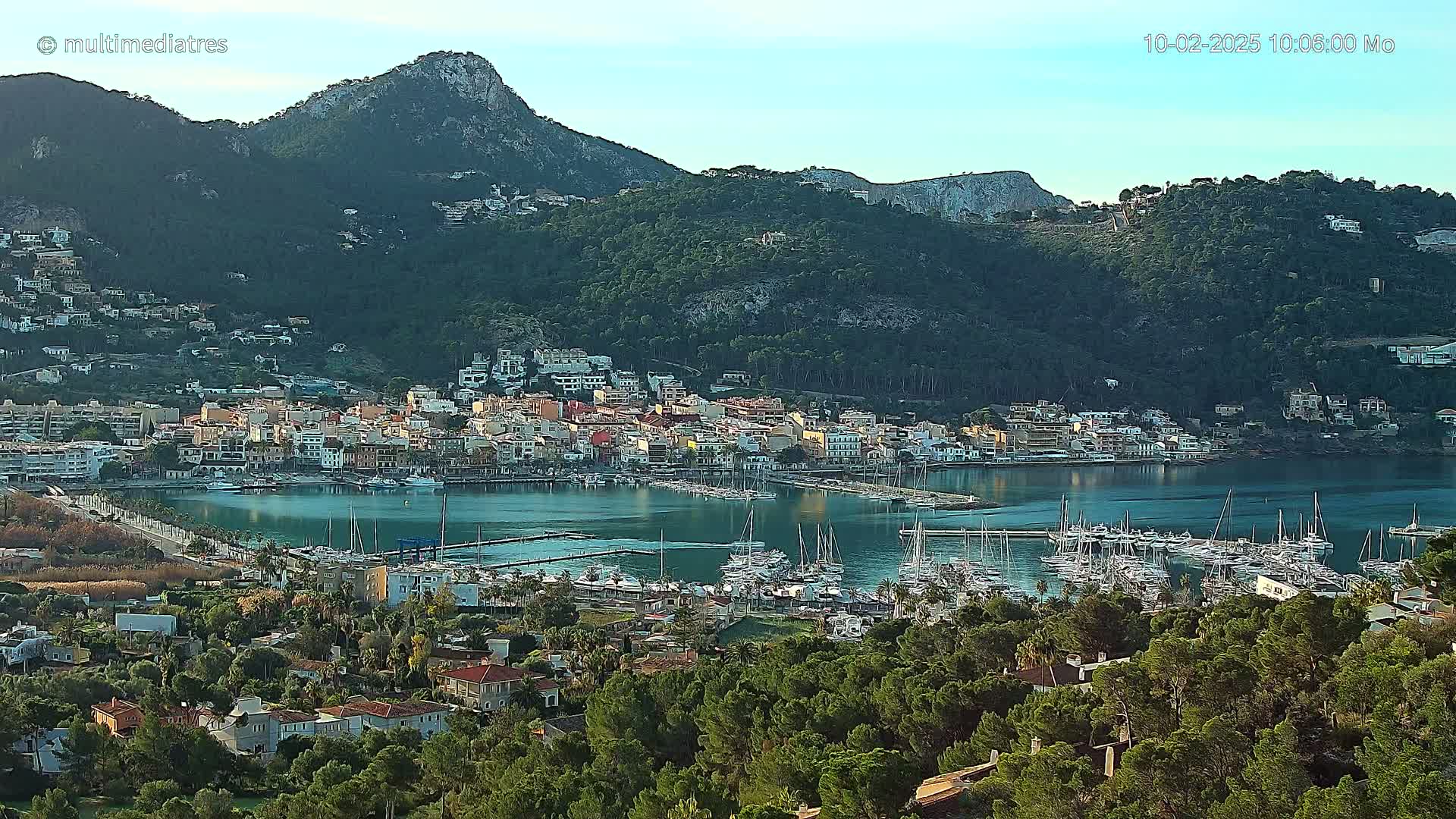 A coastal town nestled in a bay, surrounded by lush green hills under a clear sky, features a harbor filled with numerous sailboats and yachts.