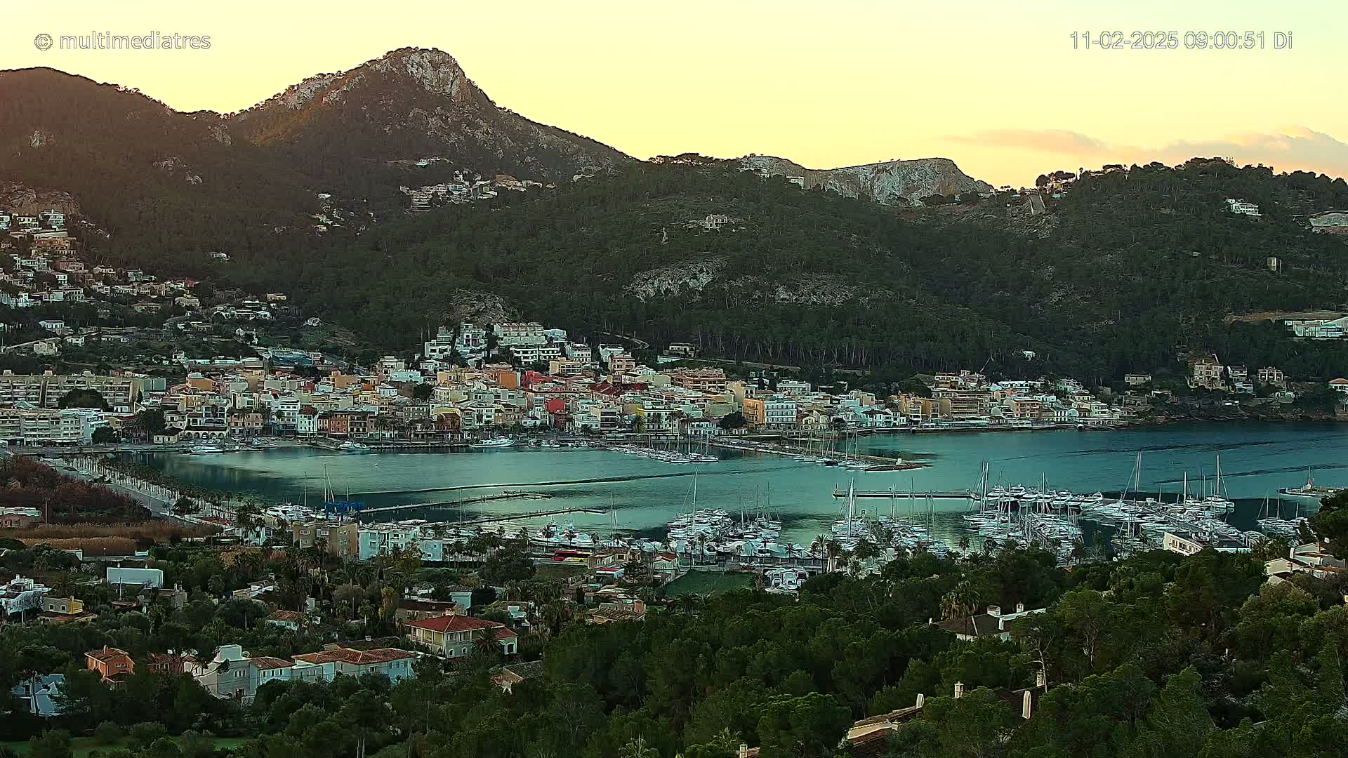 A coastal town with a marina filled with sailboats is nestled at the base of a mountain range under a pale, sunrise sky.
