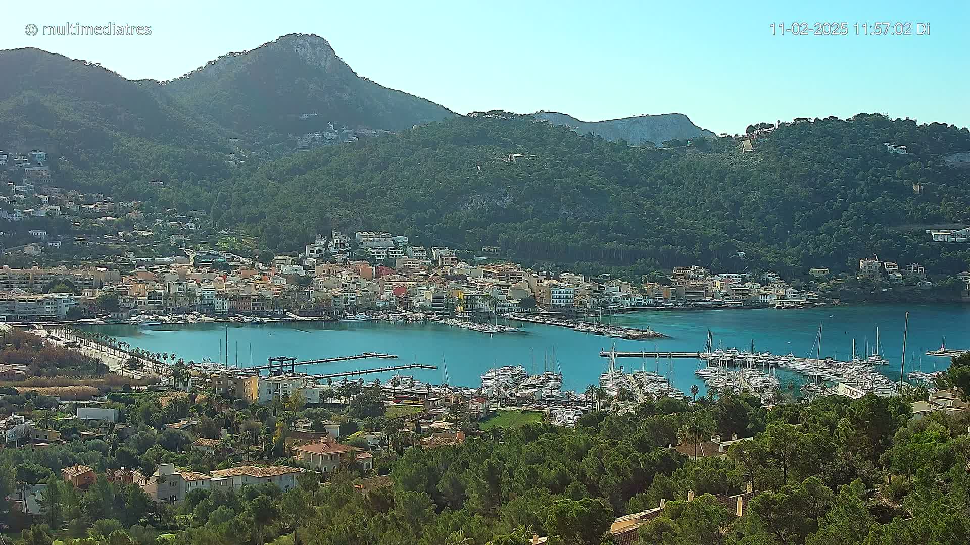 A coastal town nestled between green hills and a calm, blue harbor filled with numerous boats under a clear sky.