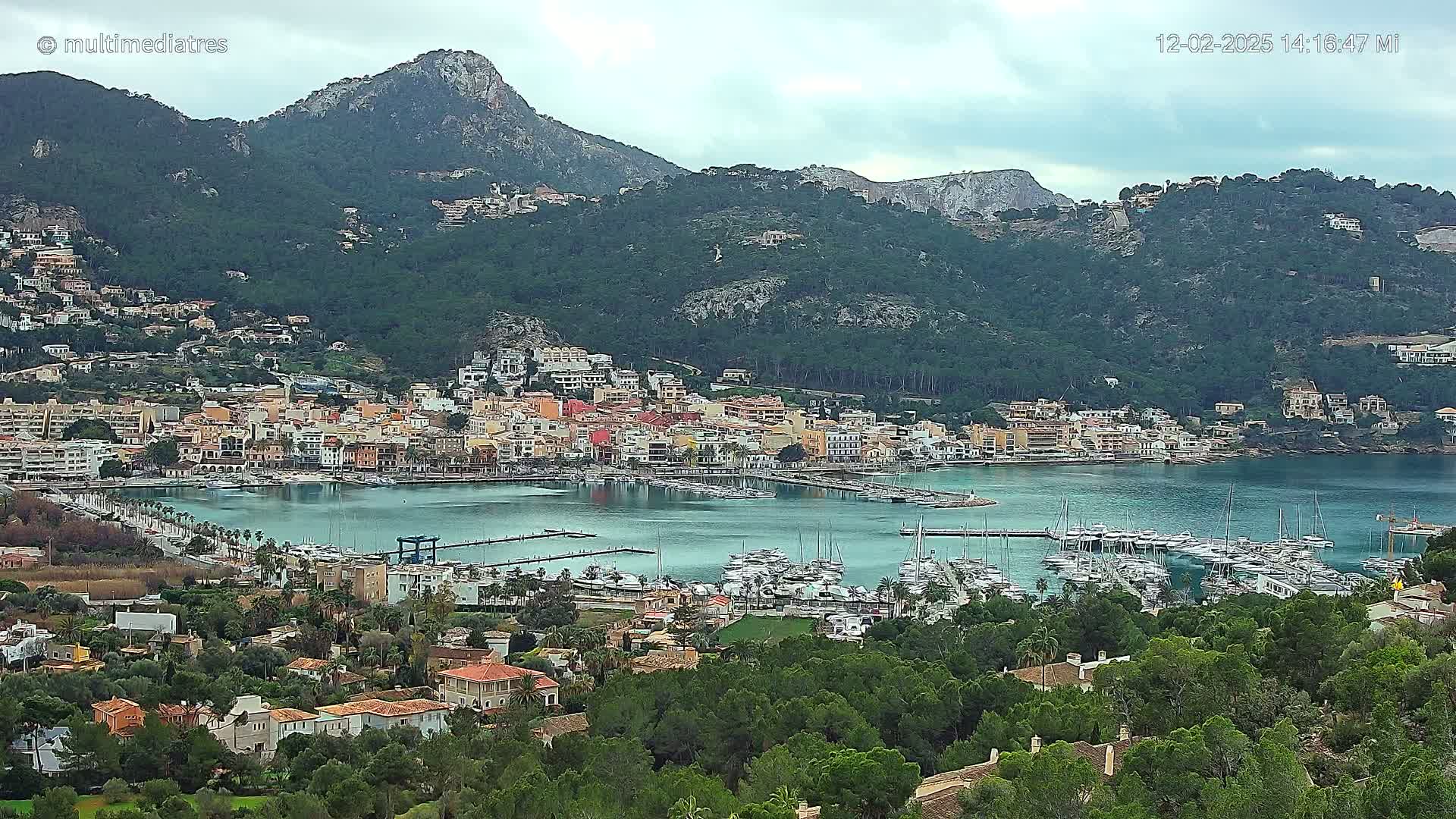 A coastal town with a marina full of boats sits nestled at the base of a mountain range under a cloudy sky.