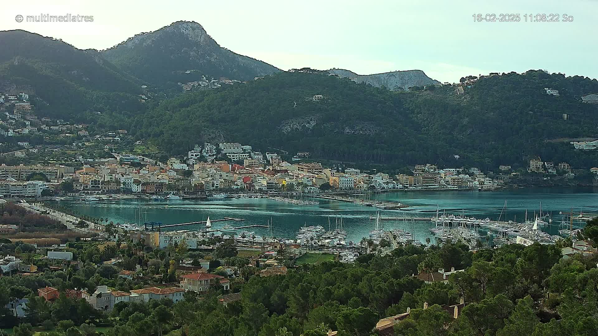 A coastal town with a marina filled with sailboats is nestled at the base of a large, green mountain under a mostly clear sky.