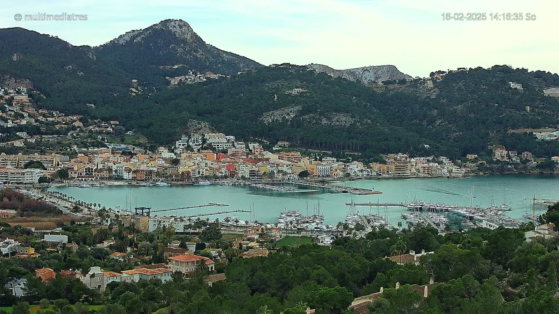 A coastal town with a marina full of boats is nestled at the base of a large, dark green mountain under an overcast sky.
