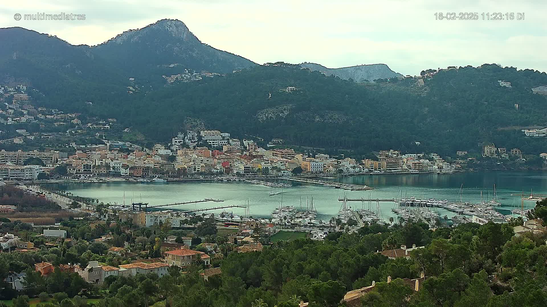 A coastal town with a marina filled with boats sits nestled between green hills under an overcast sky.