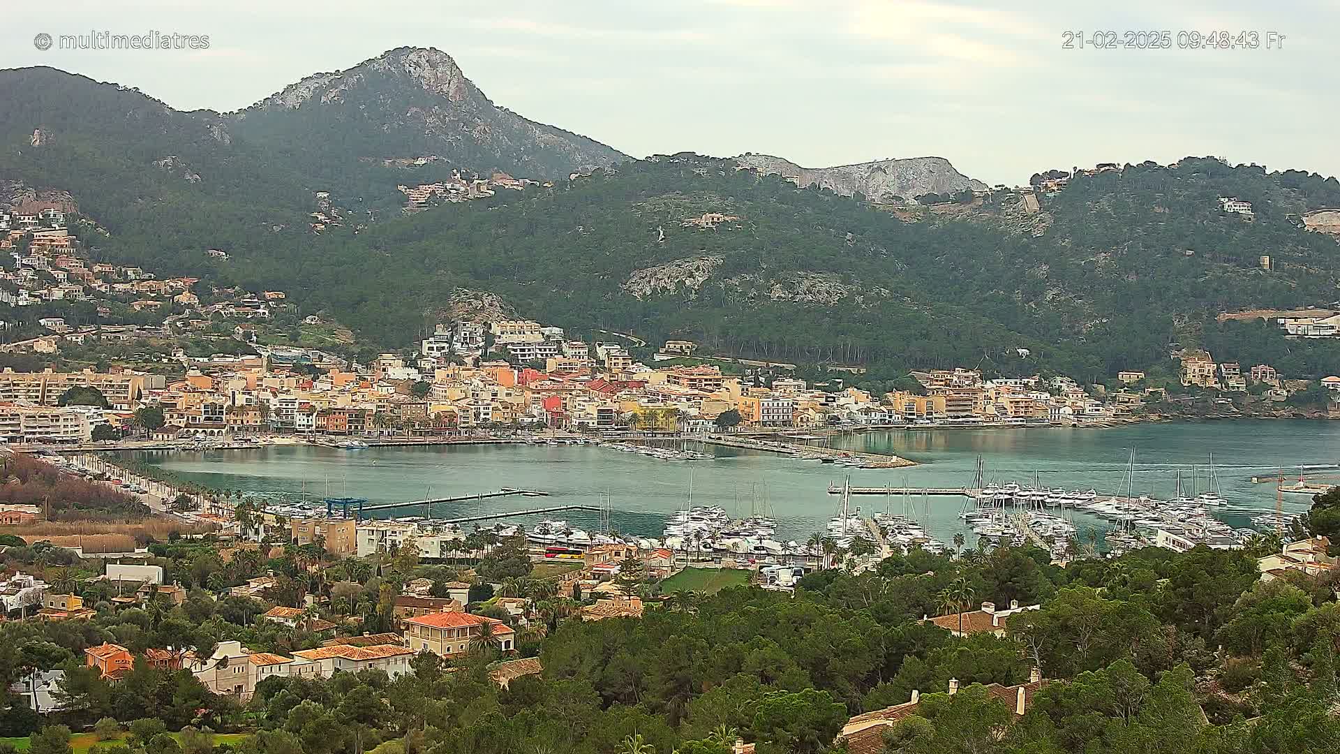 A coastal town with a marina filled with sailboats is nestled at the base of a mountain range under an overcast sky.