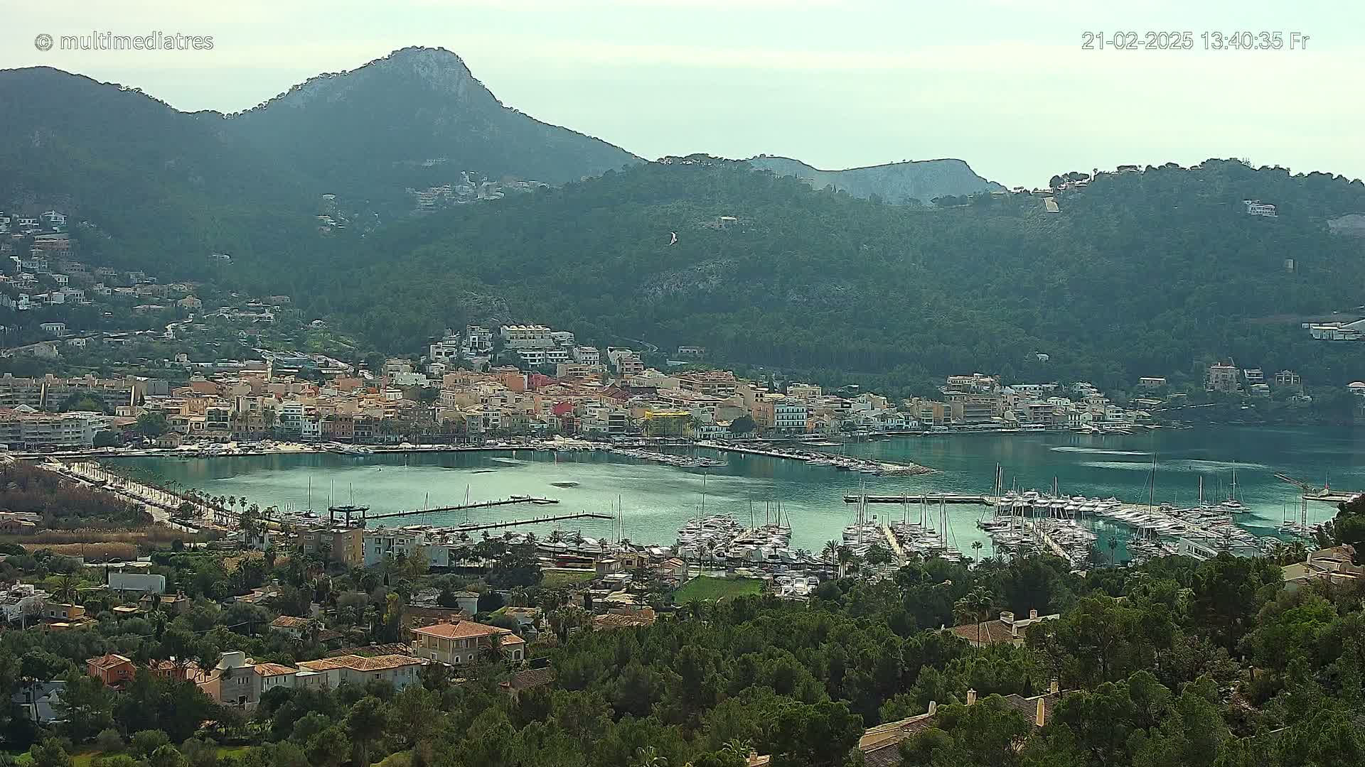 A coastal town nestled between green hills and a calm bay filled with numerous boats, under a hazy sky.