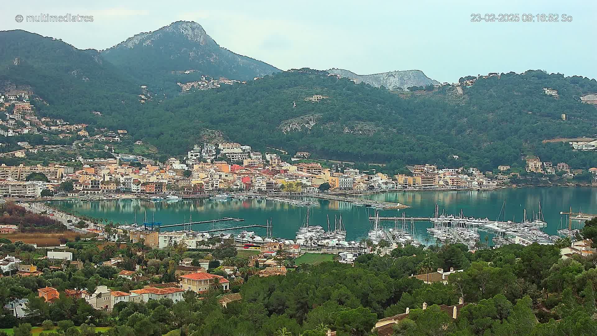 A coastal town with colorful buildings nestled against a verdant hillside, a calm harbor filled with sailboats, and a clear sky.