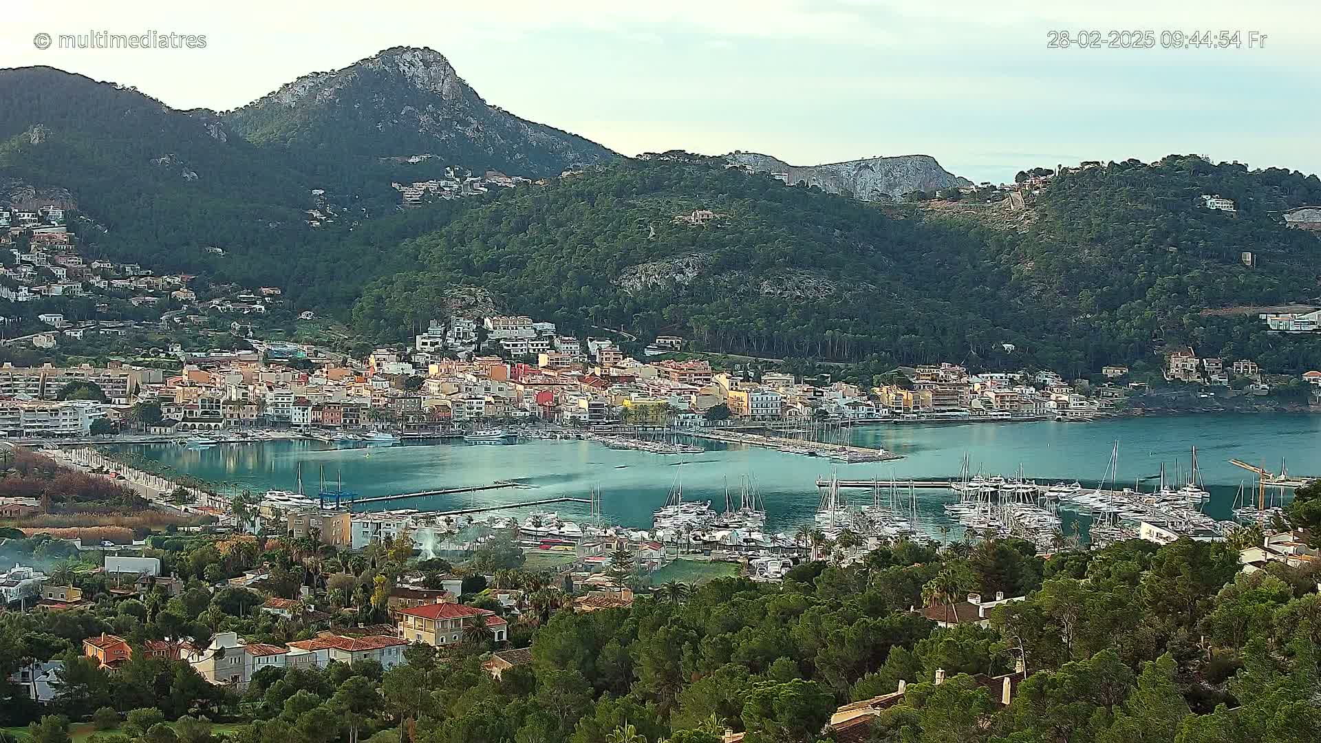 A picturesque coastal town nestled in a verdant valley, surrounded by mountains, with a calm harbor filled with numerous boats under a mostly clear sky.