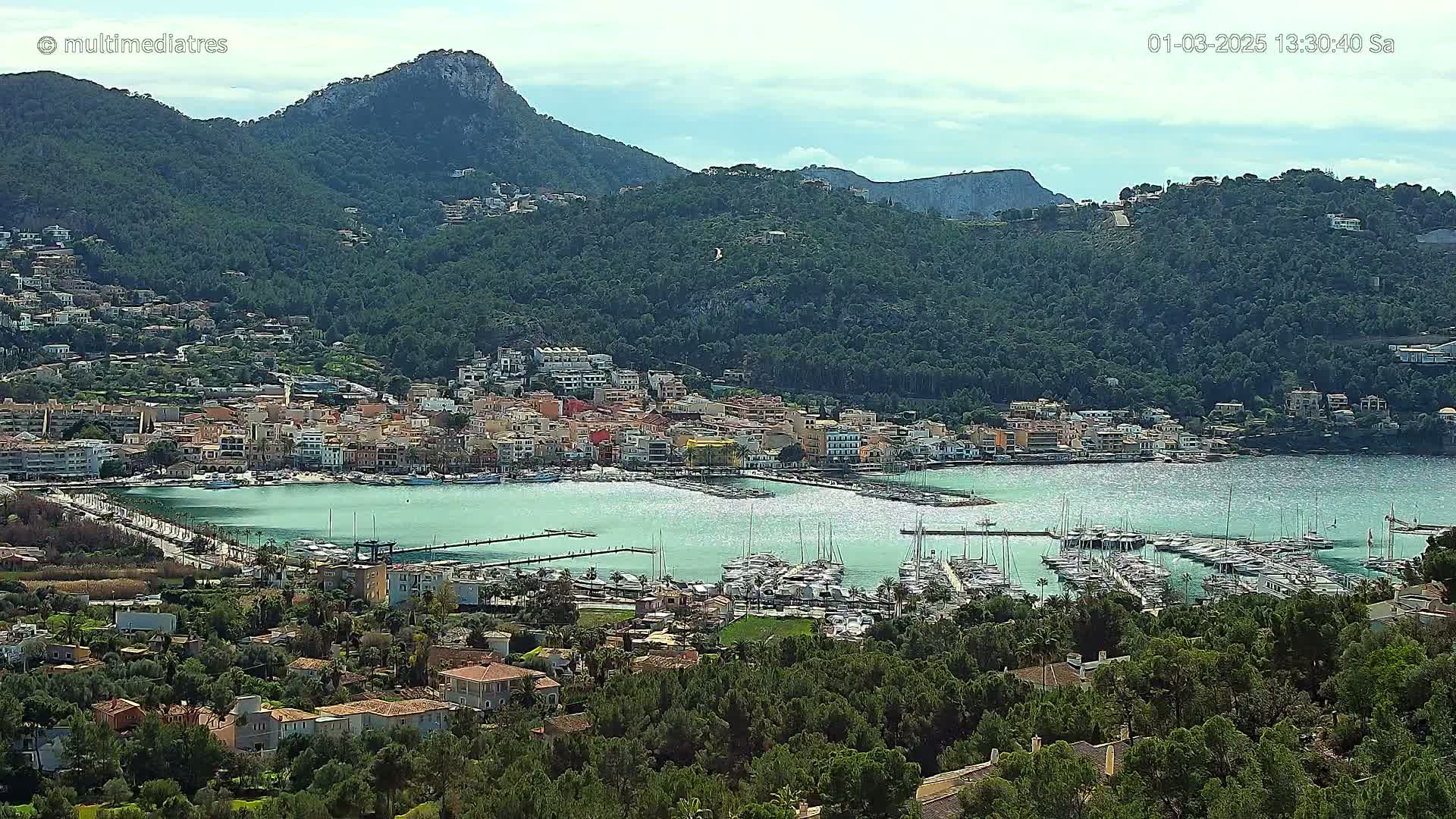 A coastal town nestled in a verdant hillside, with a marina filled with boats, under a partly cloudy sky.