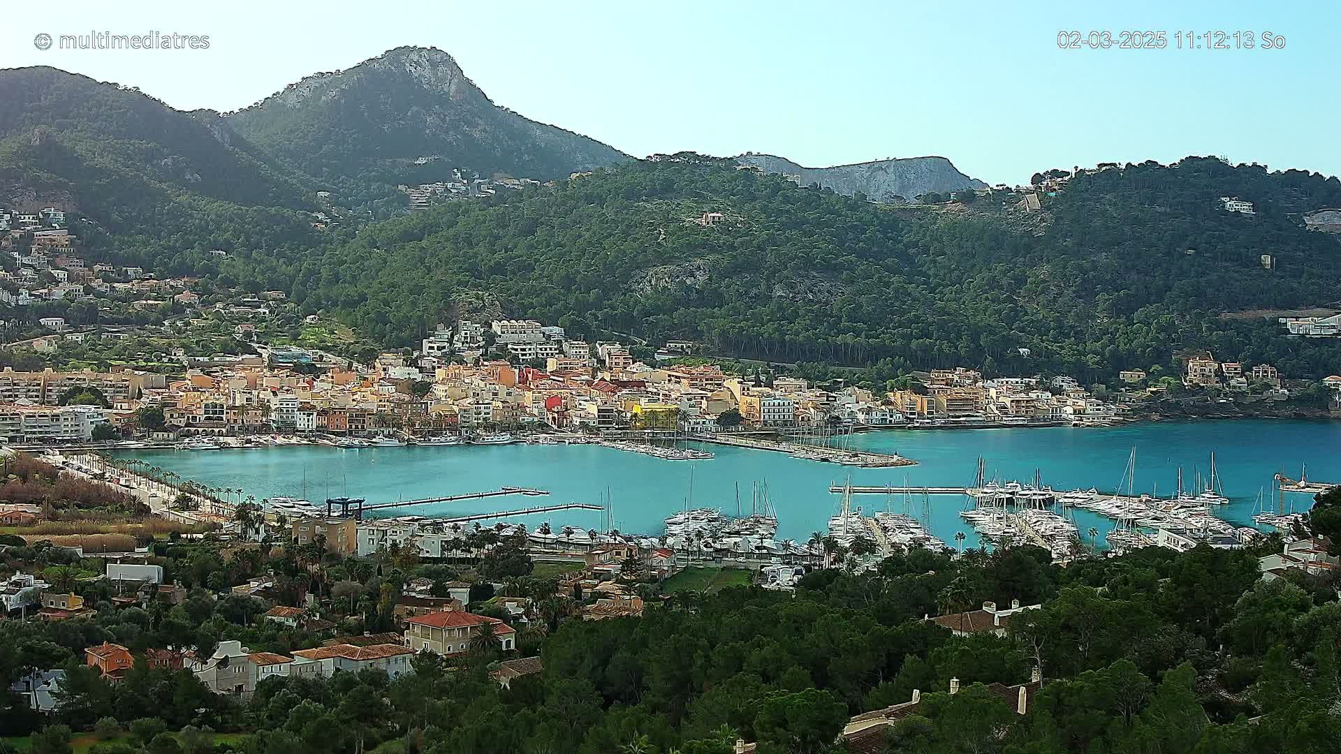 A picturesque coastal town nestled against a mountainside, featuring a bustling marina filled with sailboats under a clear sky.