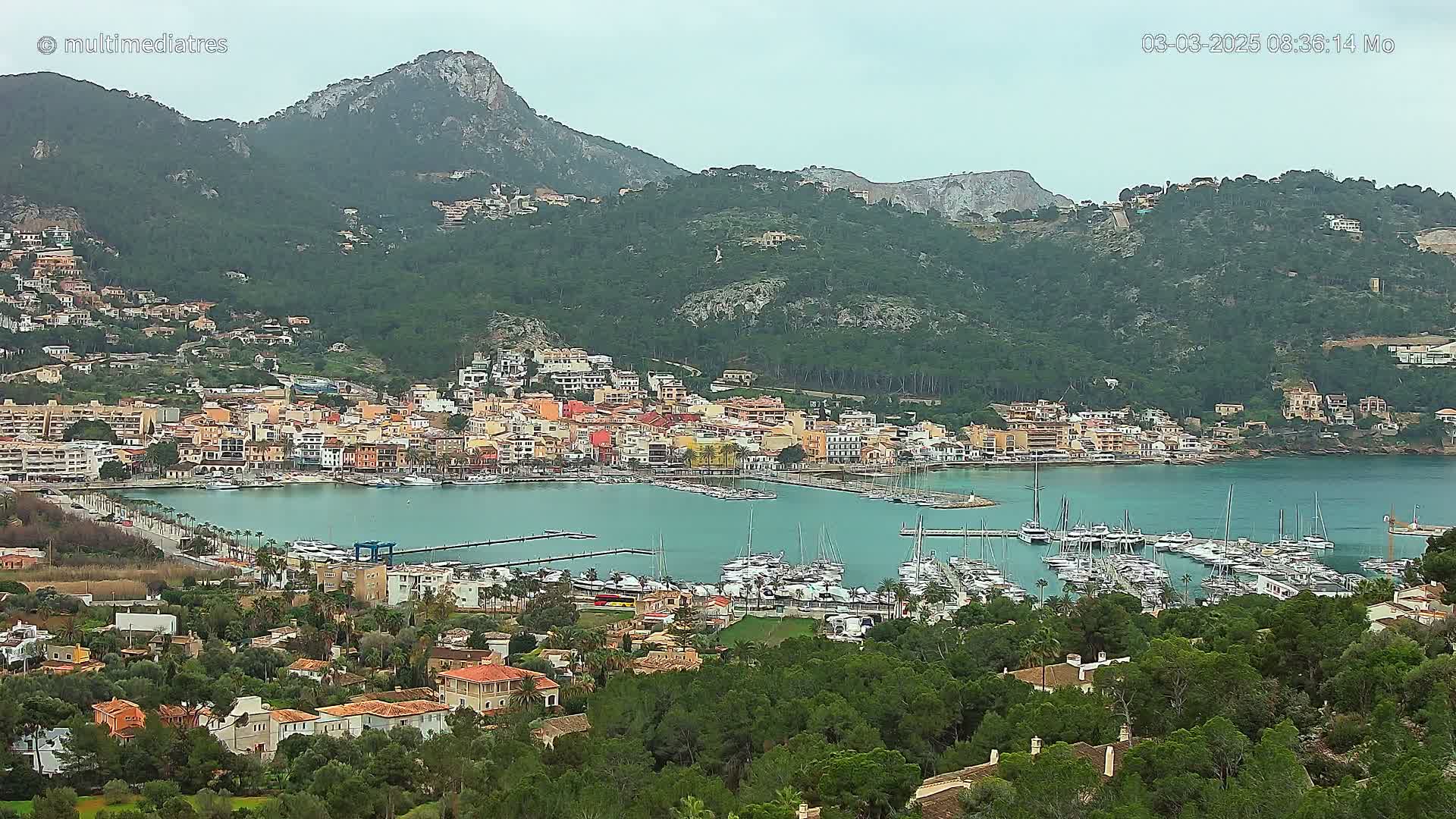 A coastal town nestled against a mountainside, with a harbor filled with numerous boats, under an overcast sky.
