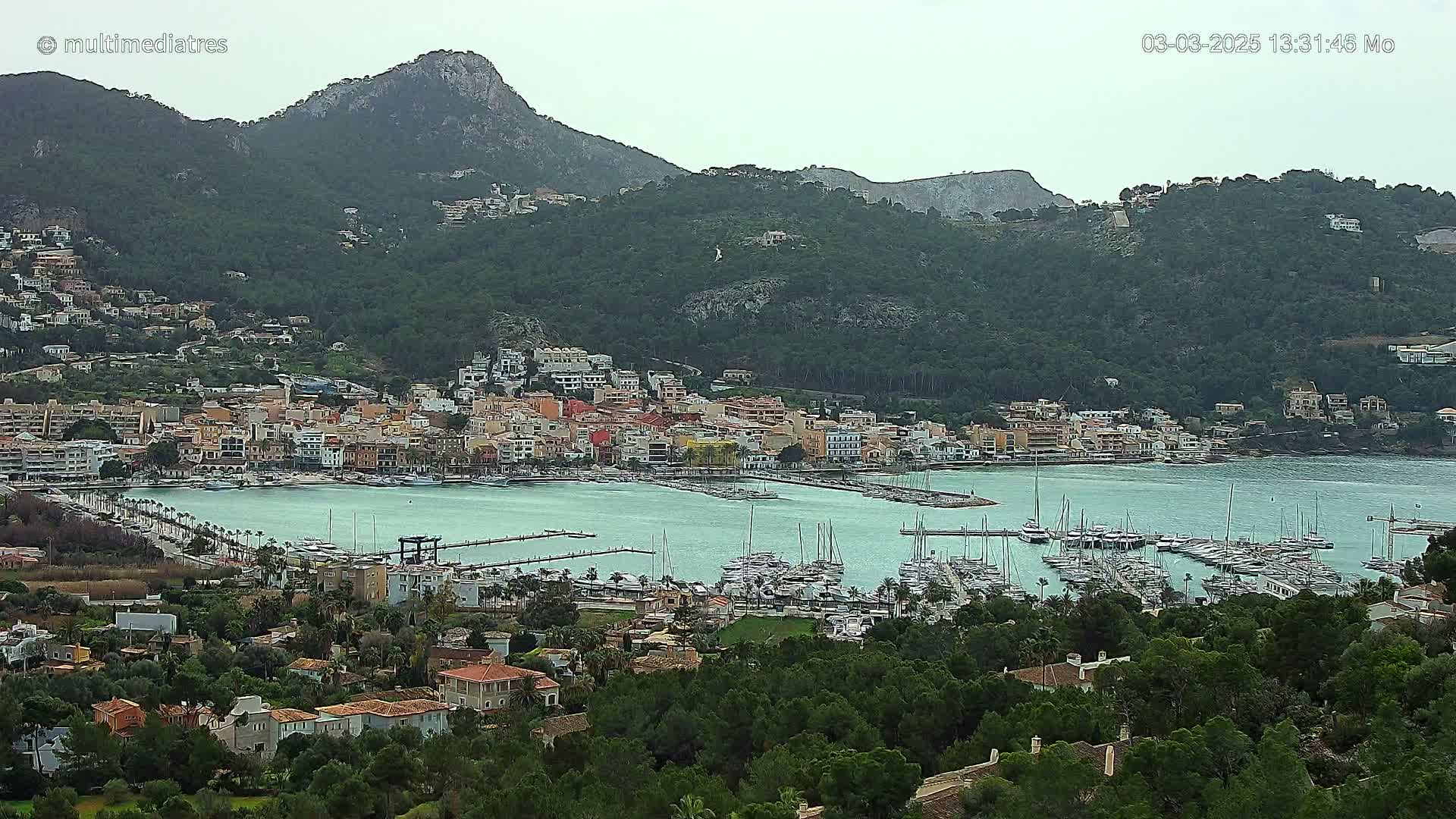 A coastal town nestled between green hills and a calm, light-blue bay filled with docked sailboats, under an overcast sky.