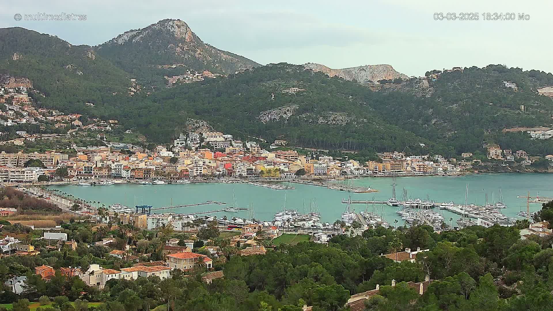 A coastal town with a marina full of boats sits nestled between green hills under an overcast sky.