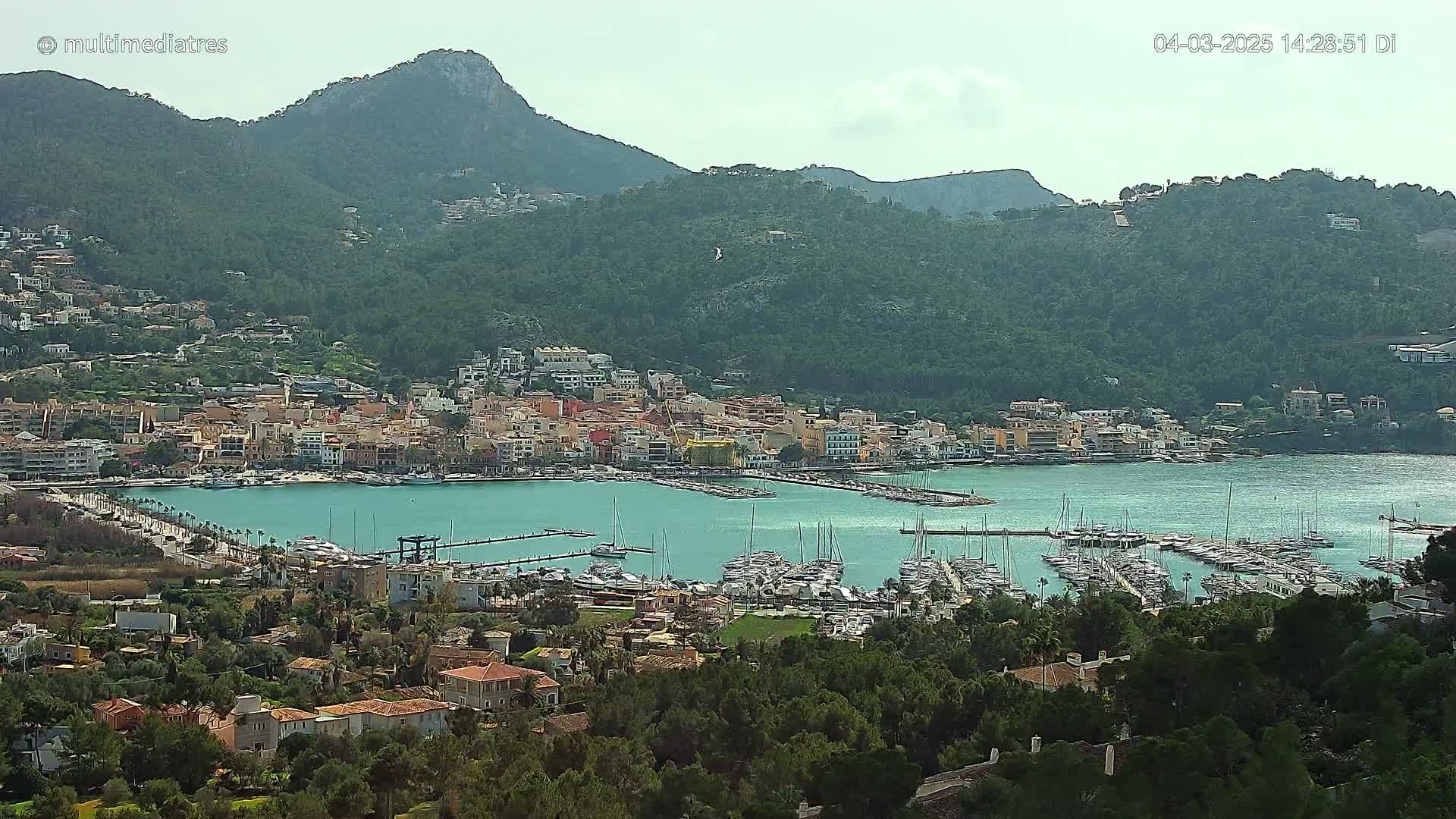 A coastal town nestled between green hills and a calm bay filled with numerous sailboats under a mostly clear sky.