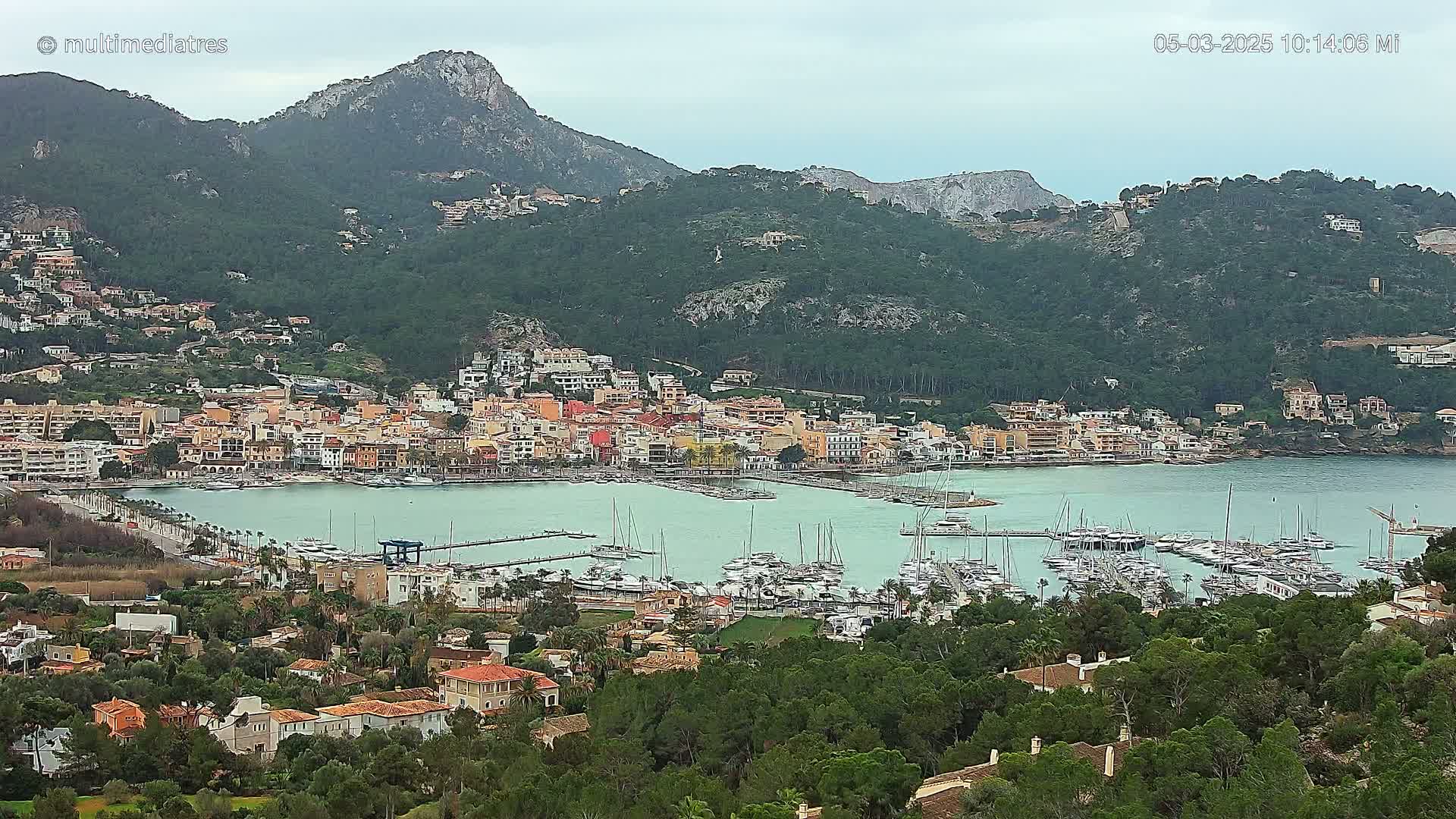 A coastal town with a marina filled with sailboats is nestled between green hills under an overcast sky.