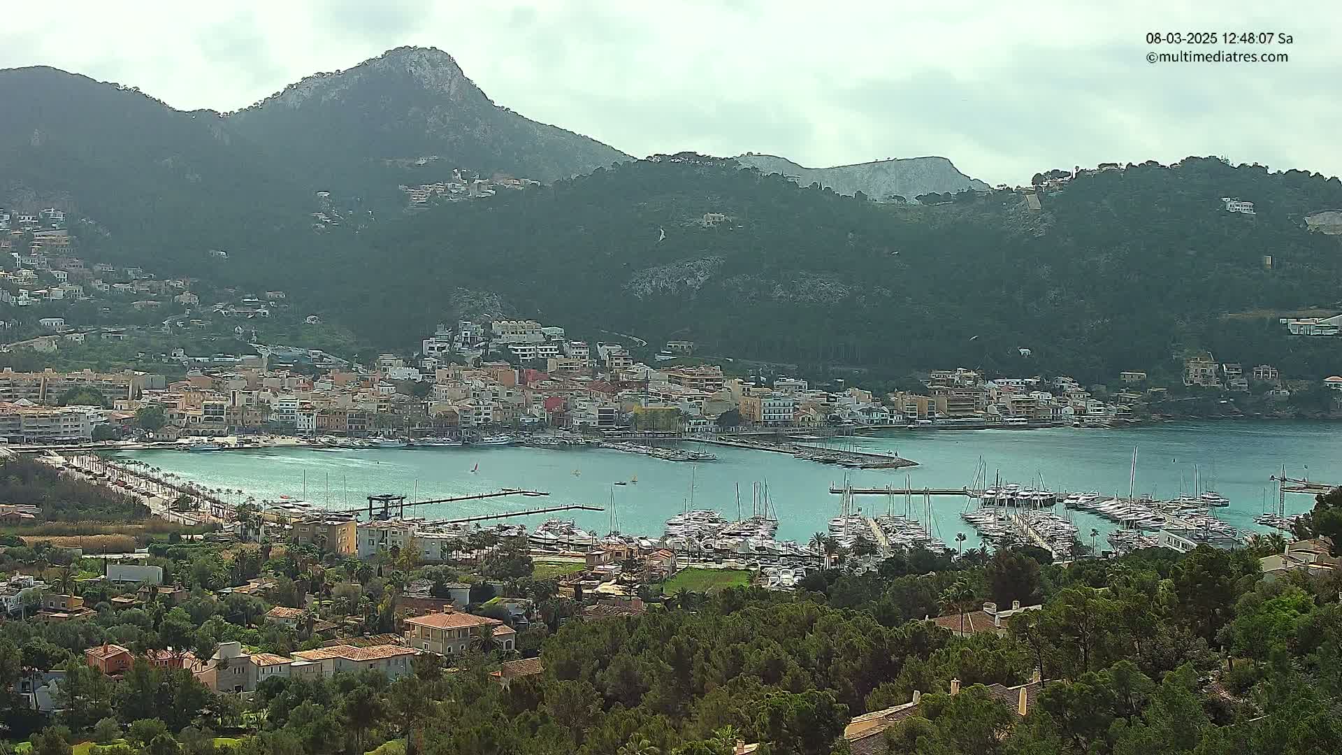 A coastal town nestled between green hills under a cloudy sky, features a marina filled with sailboats and yachts.
