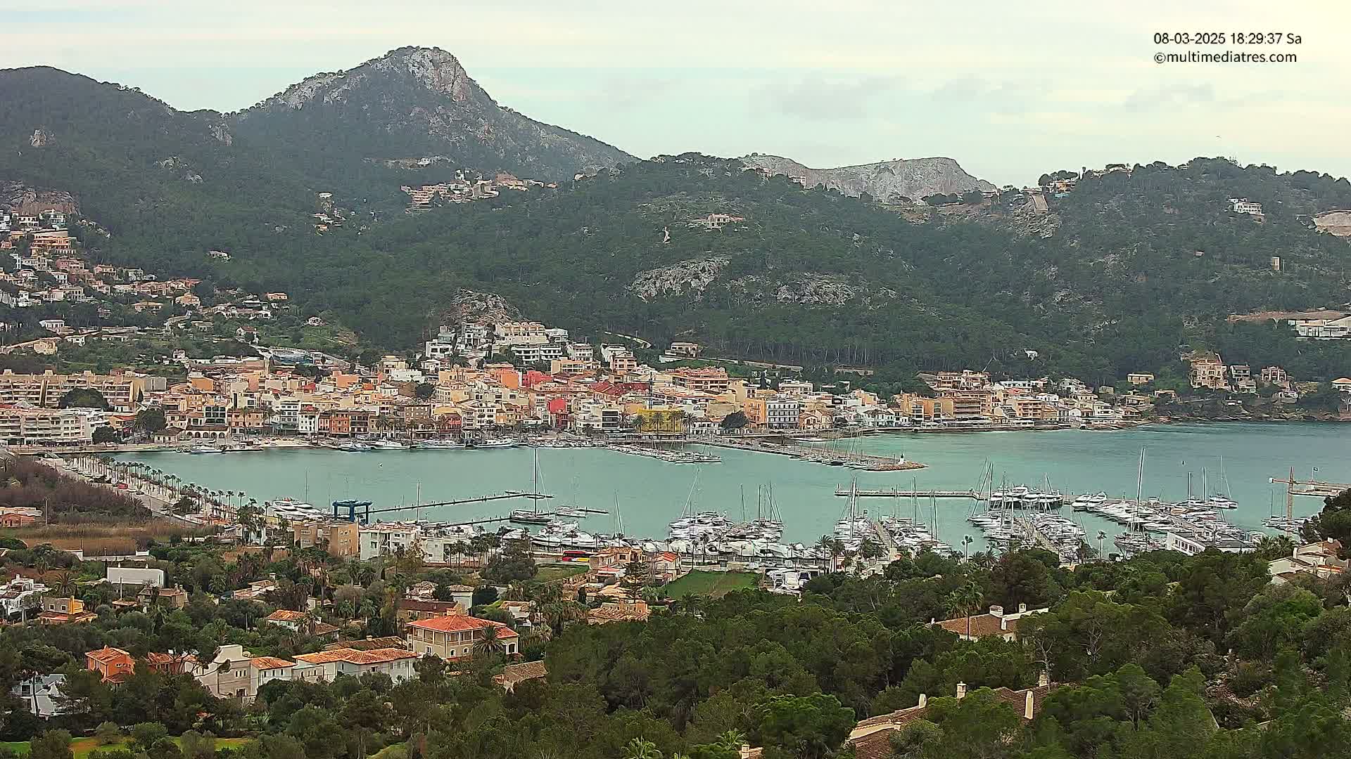 A coastal town with a marina filled with boats is nestled in a bay surrounded by green hills under a cloudy sky.