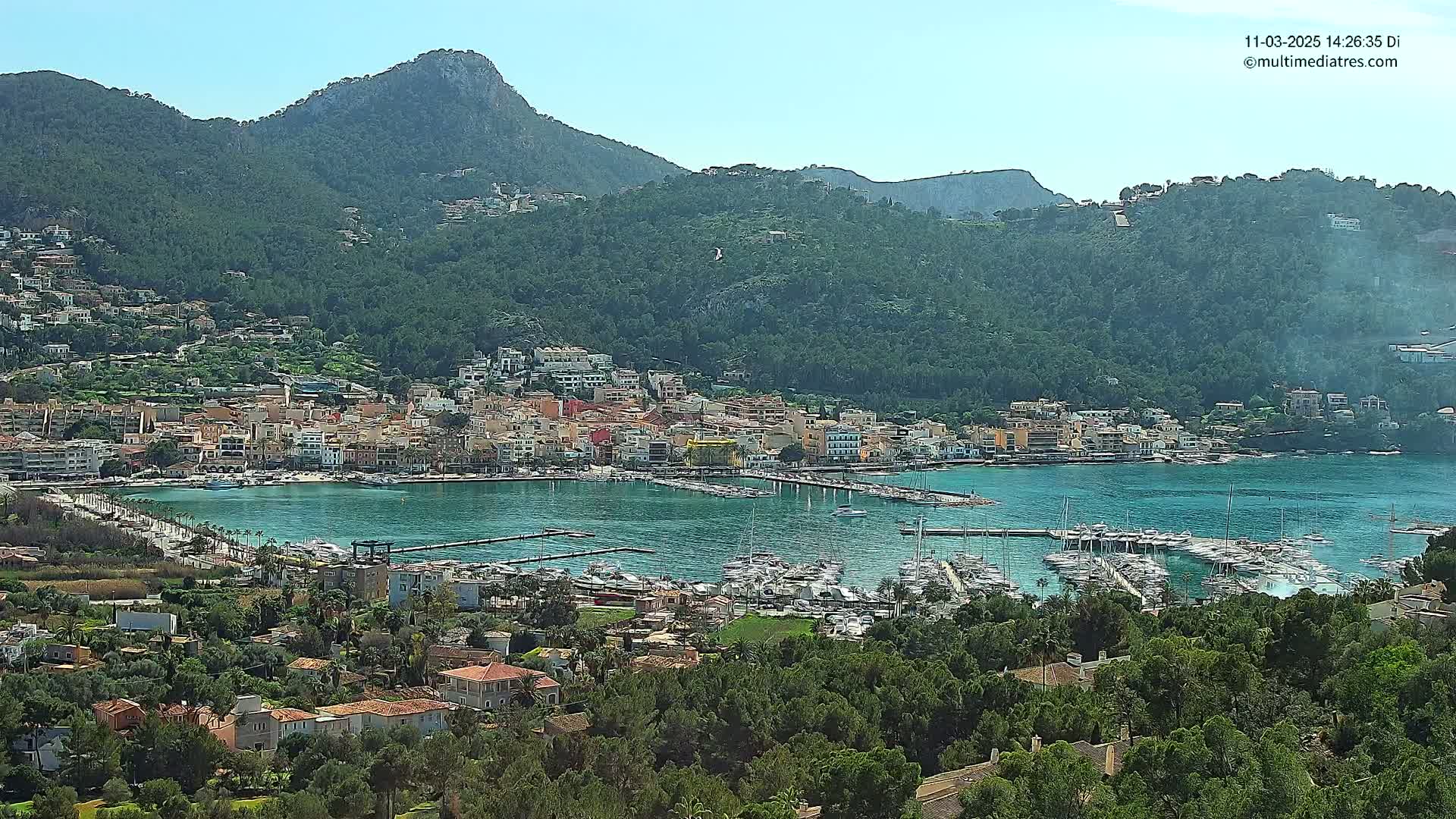 A coastal town nestled between verdant hills and a calm, turquoise bay filled with numerous boats on a sunny day.