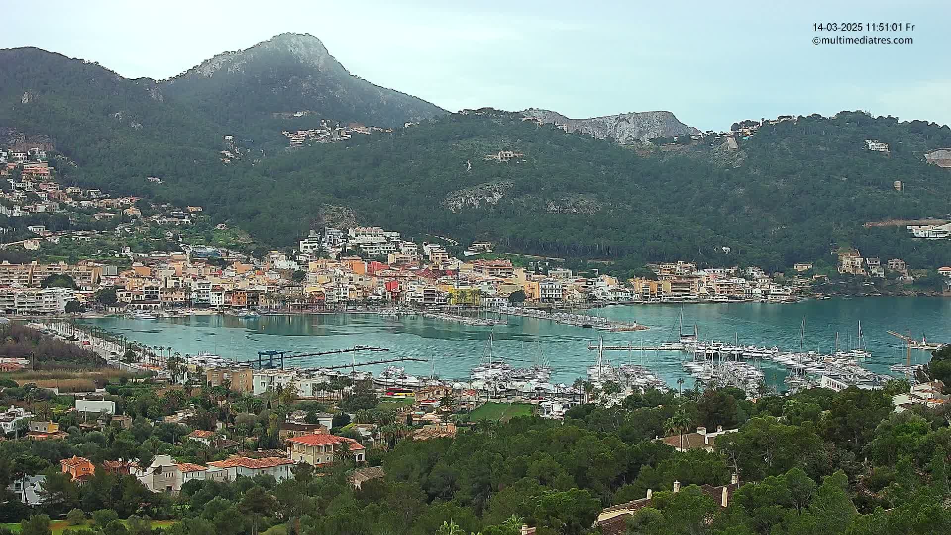 A coastal town with colorful buildings and a marina filled with boats is nestled at the base of a mountain range under an overcast sky.