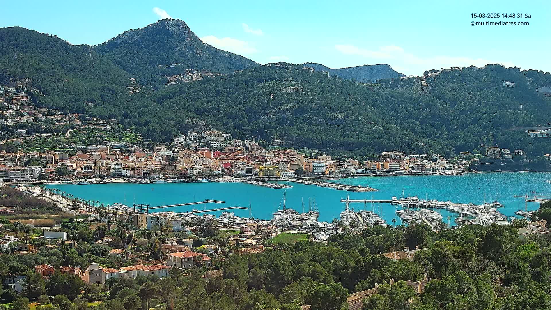 A coastal town nestled between green hills under a clear blue sky, features a turquoise harbor filled with numerous boats and yachts.