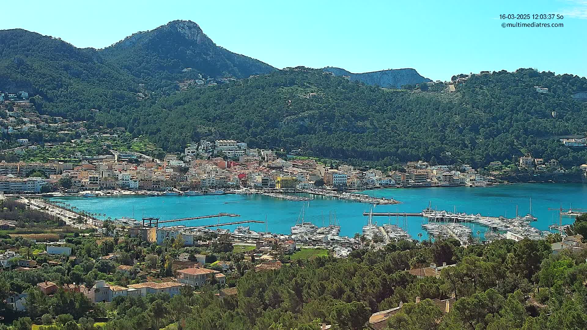 A picturesque coastal town nestled in a verdant mountain valley, with a marina filled with numerous boats under a clear, sunny sky.