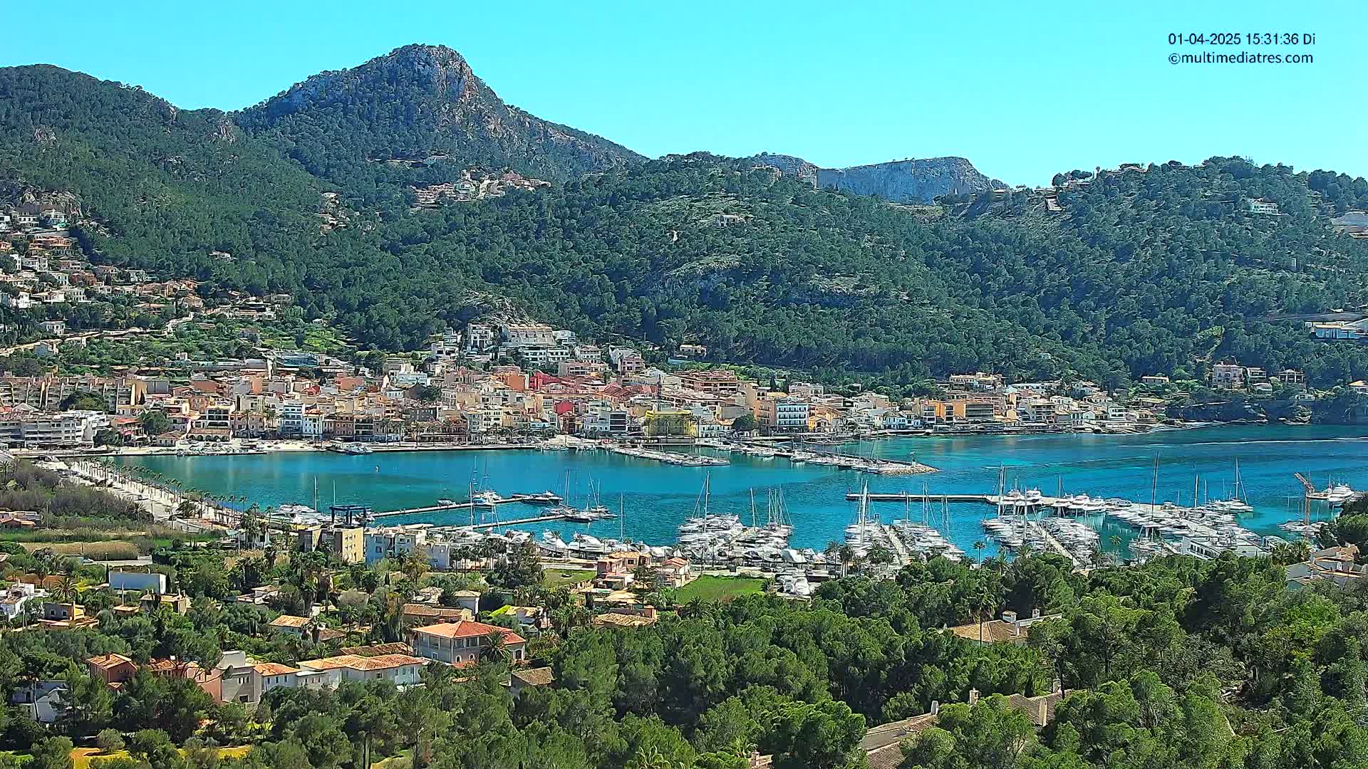 A picturesque coastal town nestled in a verdant valley, with a marina filled with sailboats and yachts, under a clear, sunny sky.