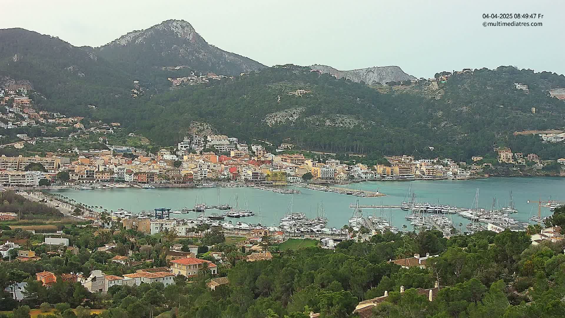 A coastal town with a marina filled with sailboats is nestled at the base of a mountain range on an overcast day.