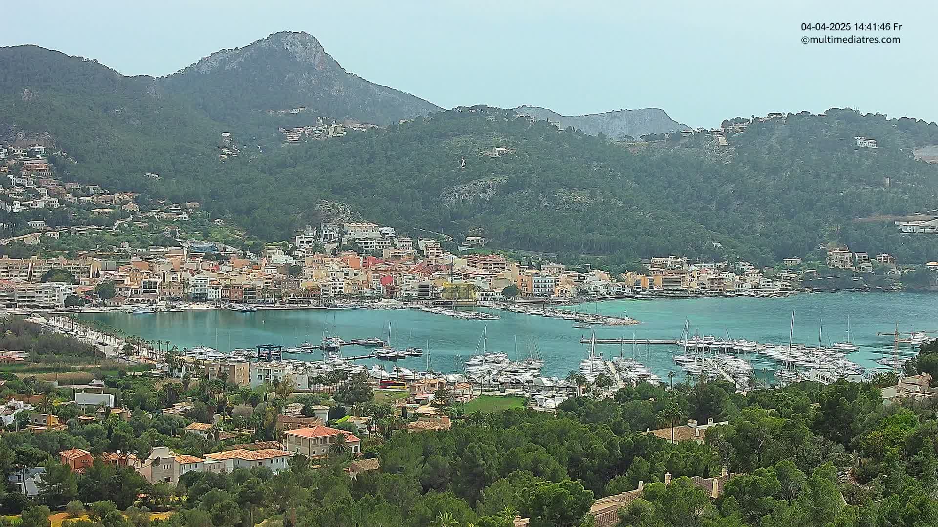A picturesque coastal town nestled in a verdant valley, with a calm harbor filled with numerous boats, under a mostly clear sky.