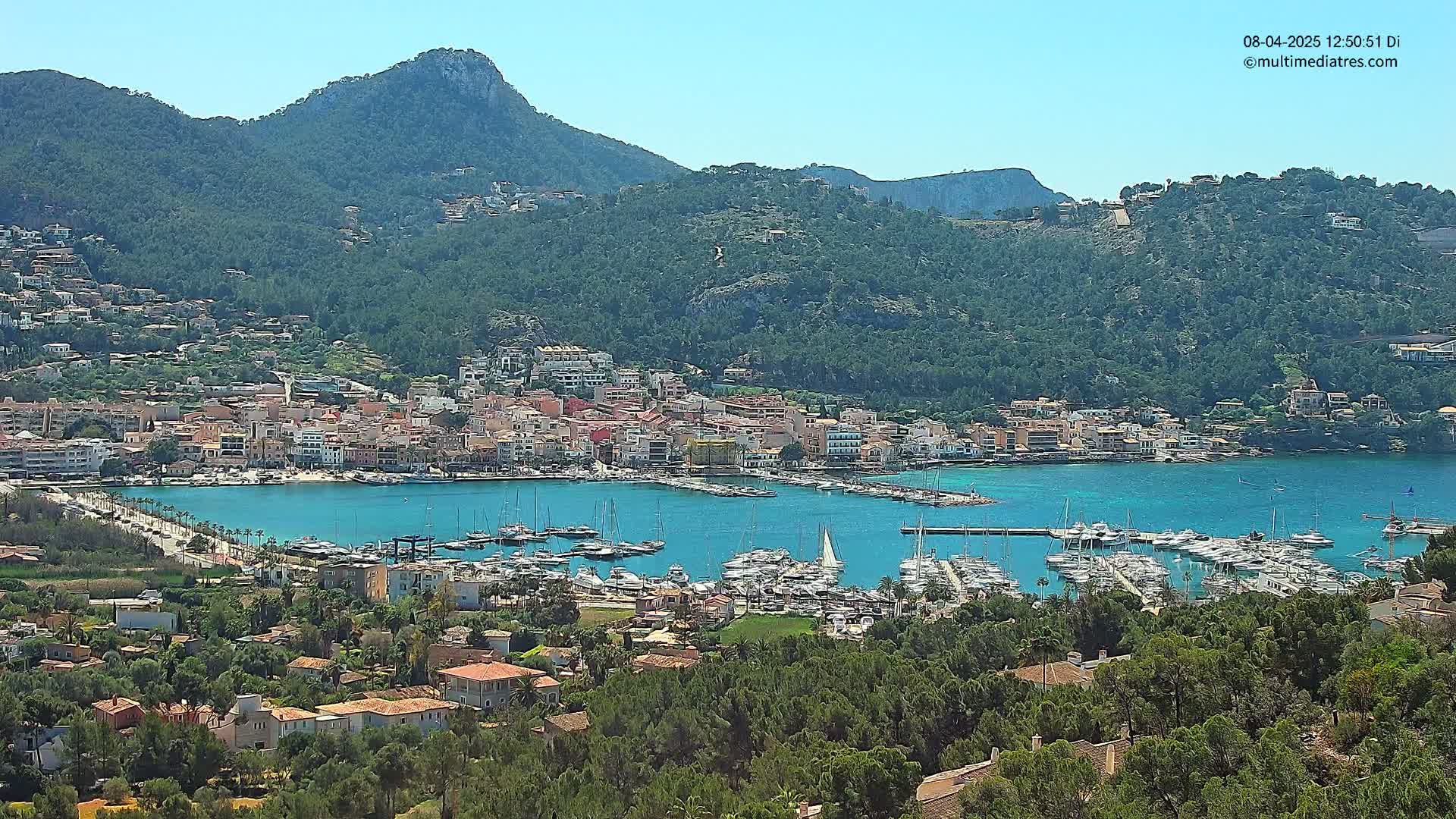 A coastal town with a marina full of sailboats and yachts is nestled in a bay surrounded by green, hilly terrain under a clear, sunny sky.