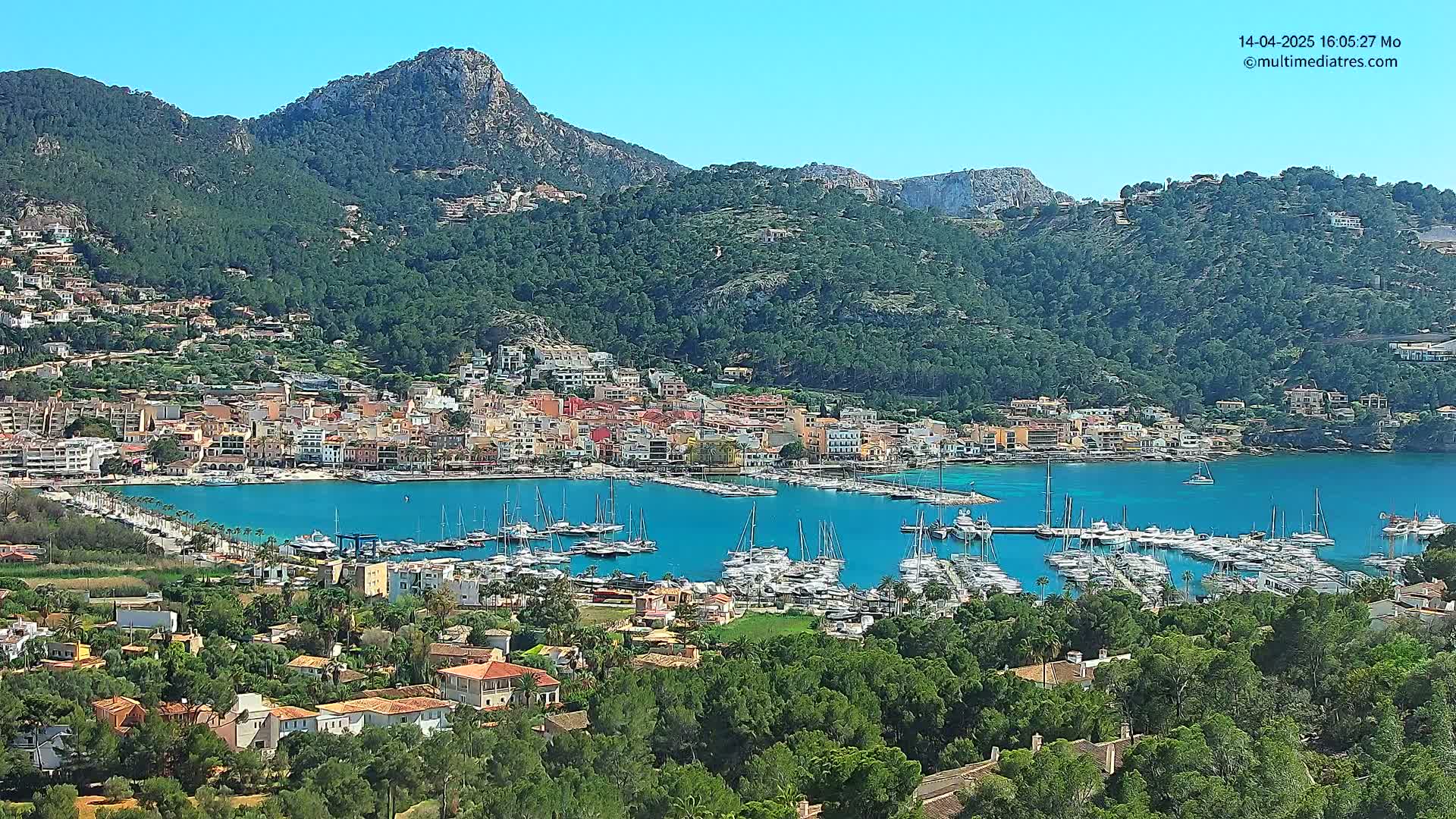 A picturesque coastal town nestled in a green, mountainous landscape, under a clear blue sky, features a bustling marina filled with numerous yachts and boats.