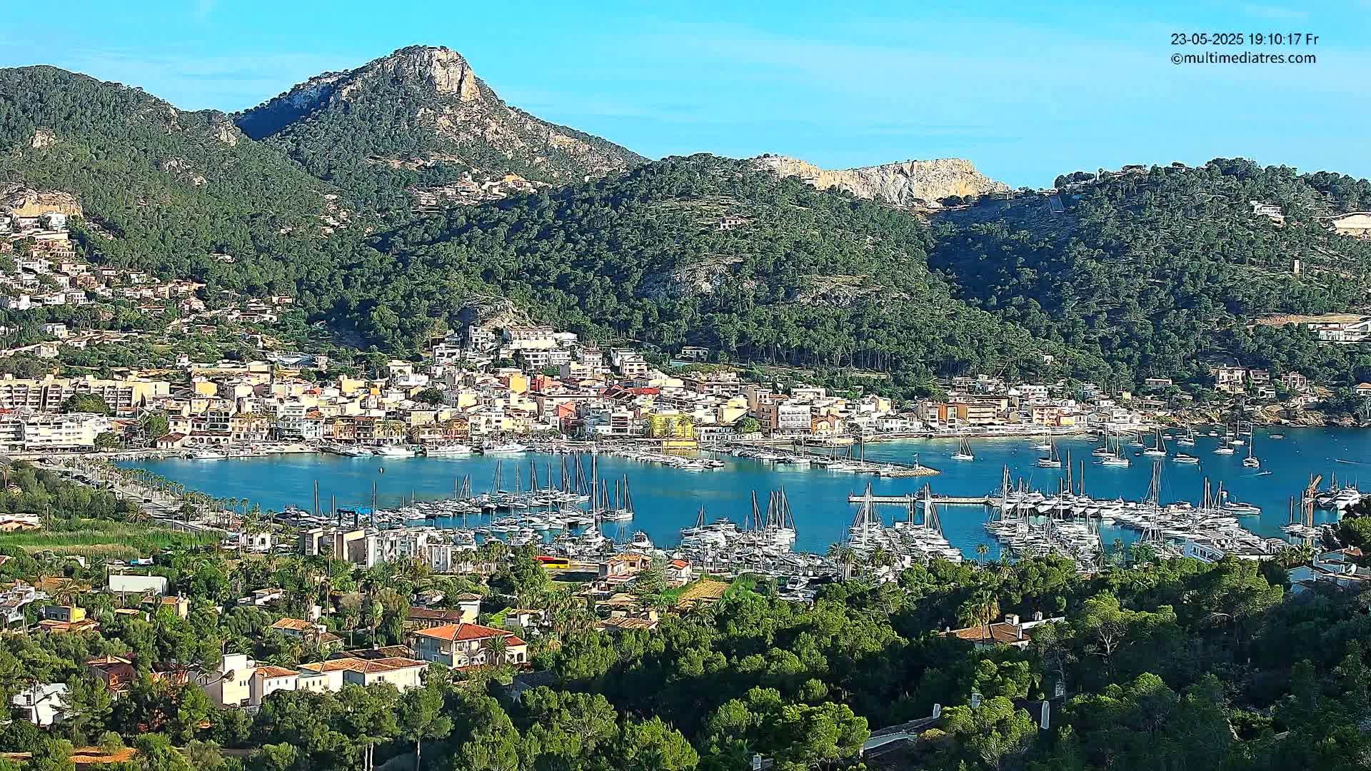 A coastal town nestled in a verdant, mountainous region, filled with numerous boats in a harbor under a clear, sunny sky.