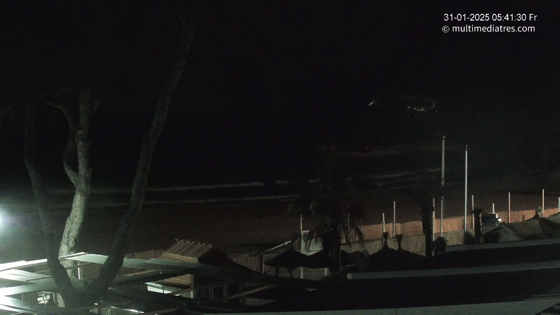 A nighttime view of a dark beach with gentle waves, palm trees, and beach structures under a clear, dark sky.