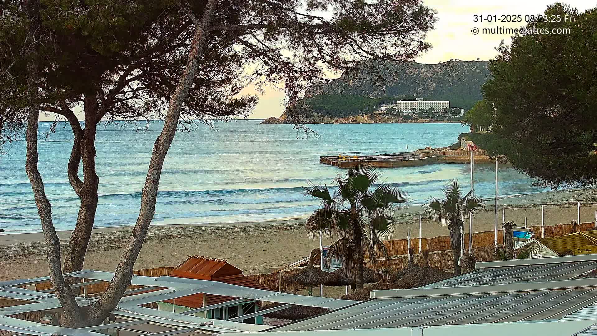 A sandy beach with gentle waves laps the shore under a calm, overcast sky, with palm trees and beach structures visible in the foreground and a distant hotel on a hillside.