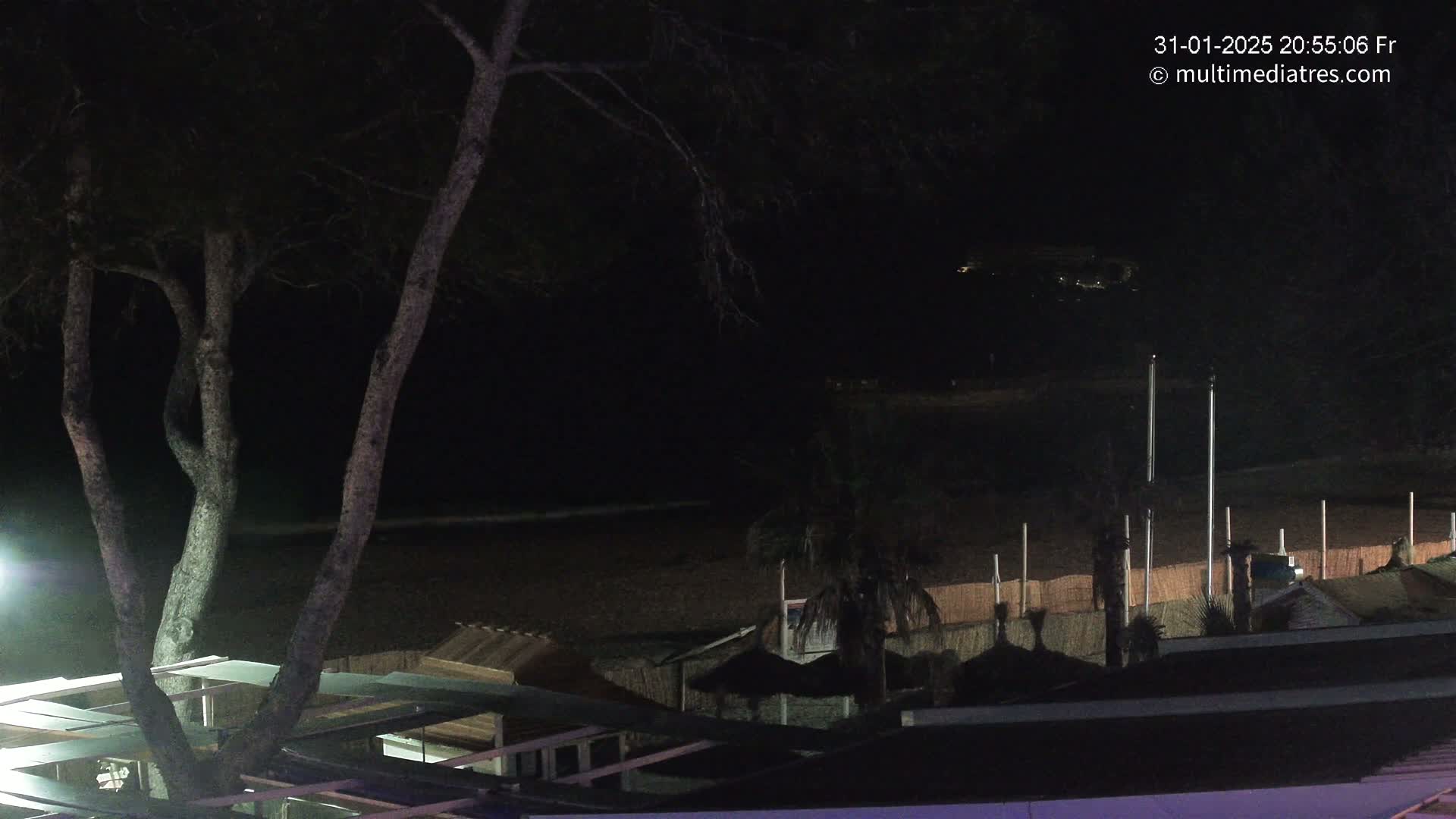 A dark, nighttime view of a beach with palm trees and beach huts, illuminated by a single light source.
