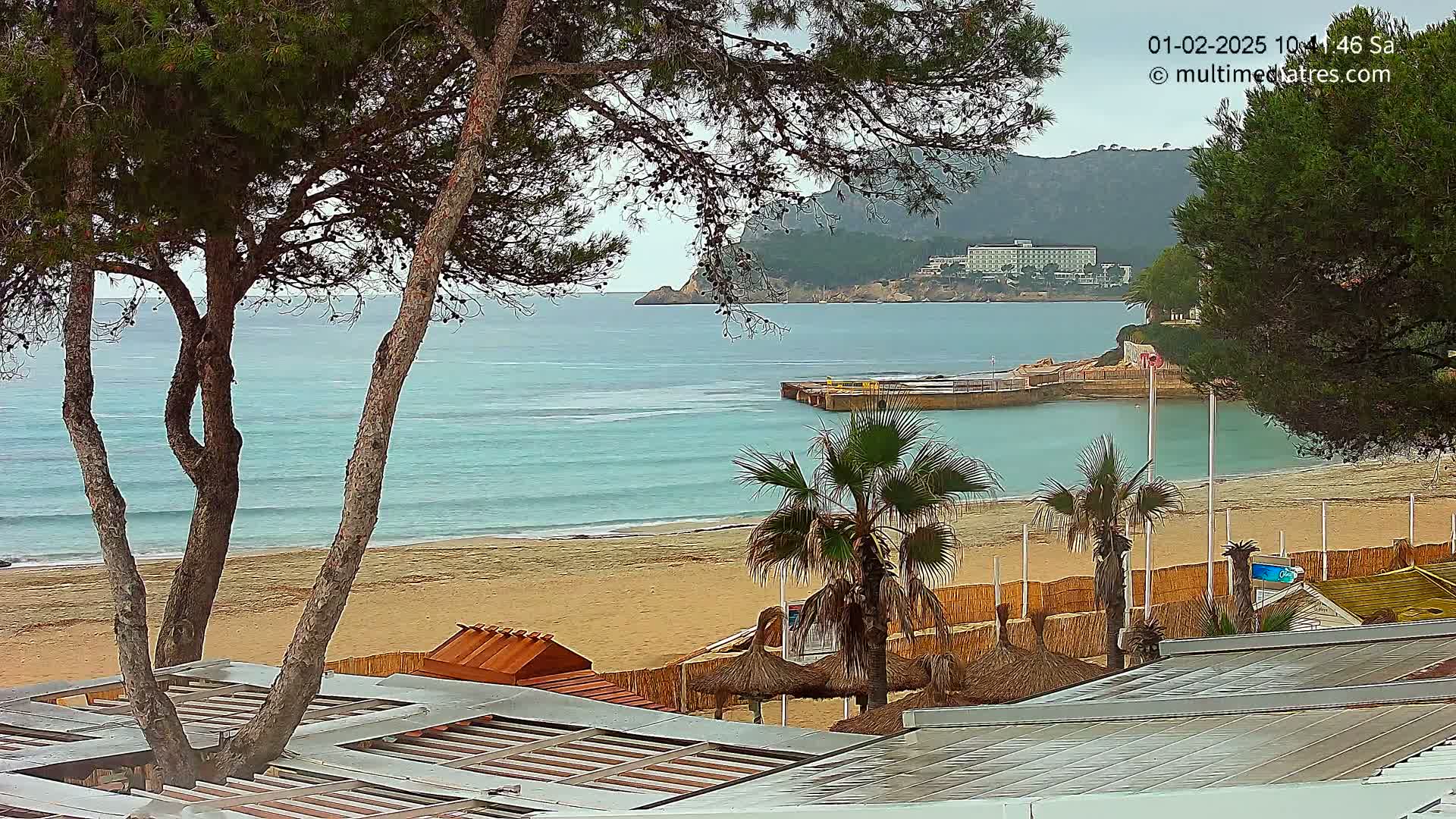 A sandy beach with calm, light-blue water, palm trees, and beach structures is seen from above on an overcast day.