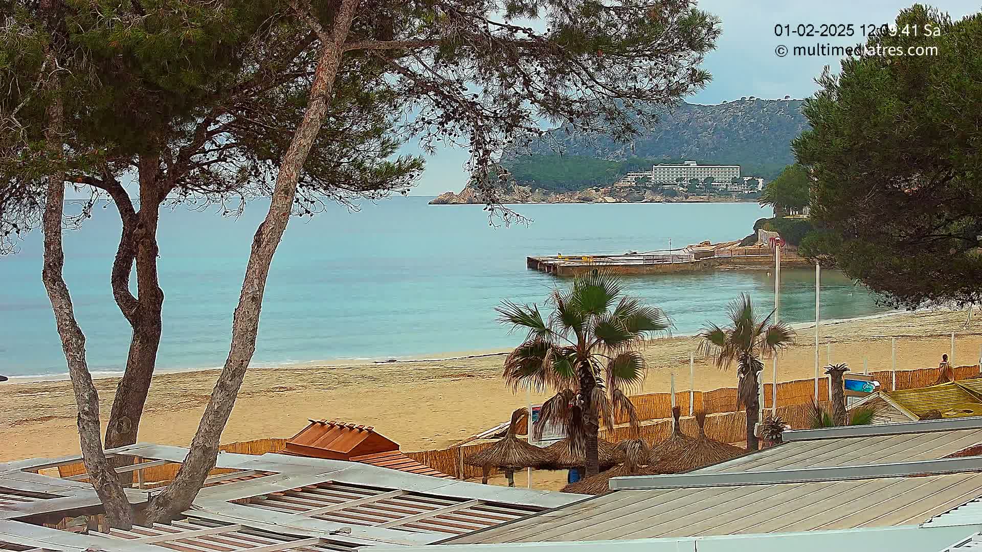 A sandy beach with calm, light blue water, palm trees, and beachside structures is viewed from above on an overcast day.