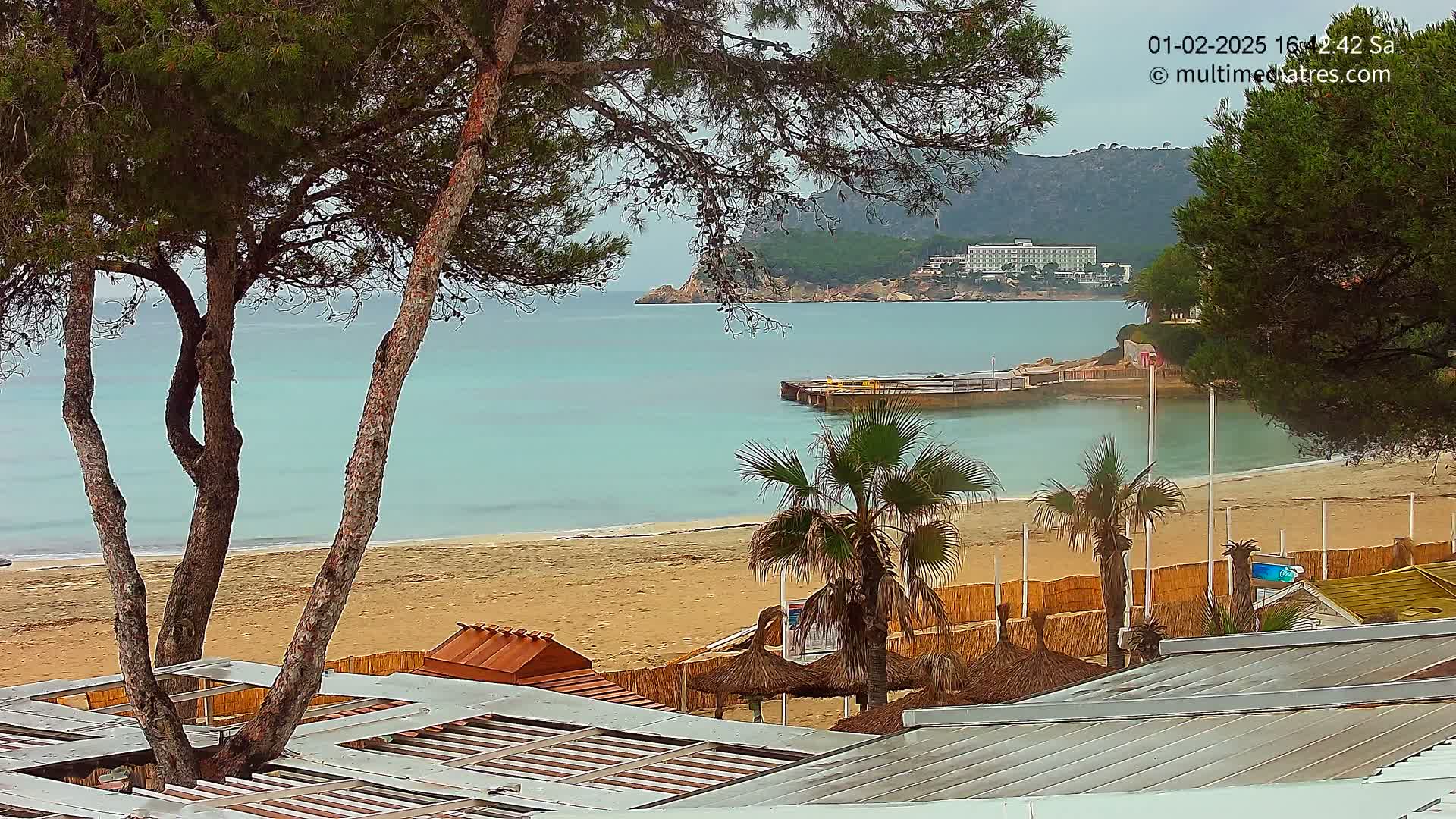 A sandy beach with calm, light-blue water is seen from behind beachside structures and palm trees under an overcast sky.