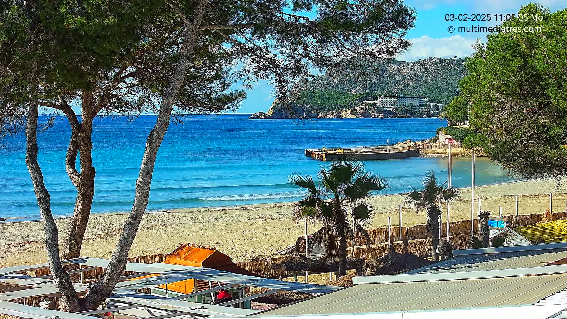 A sandy beach with calm, blue water, palm trees, and beach umbrellas under a mostly sunny sky.