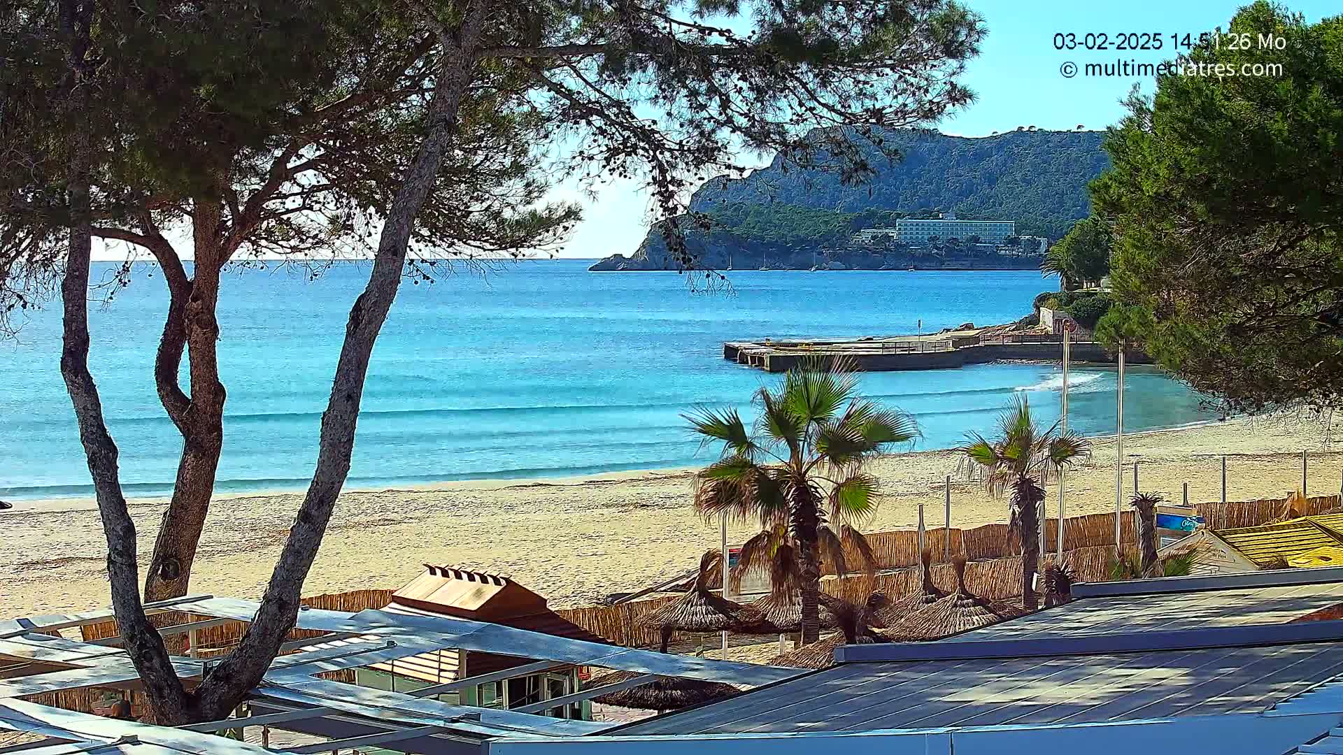 A sandy beach with turquoise water, palm trees, and beach umbrellas is visible under a sunny sky, with a rocky hillside in the background.