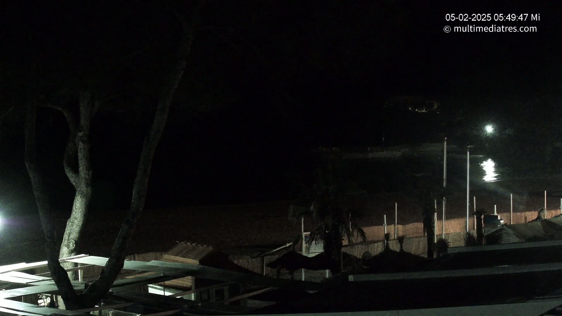 A nighttime view of a beach with dark structures and a tree, illuminated by artificial light, reflecting on the calm water.