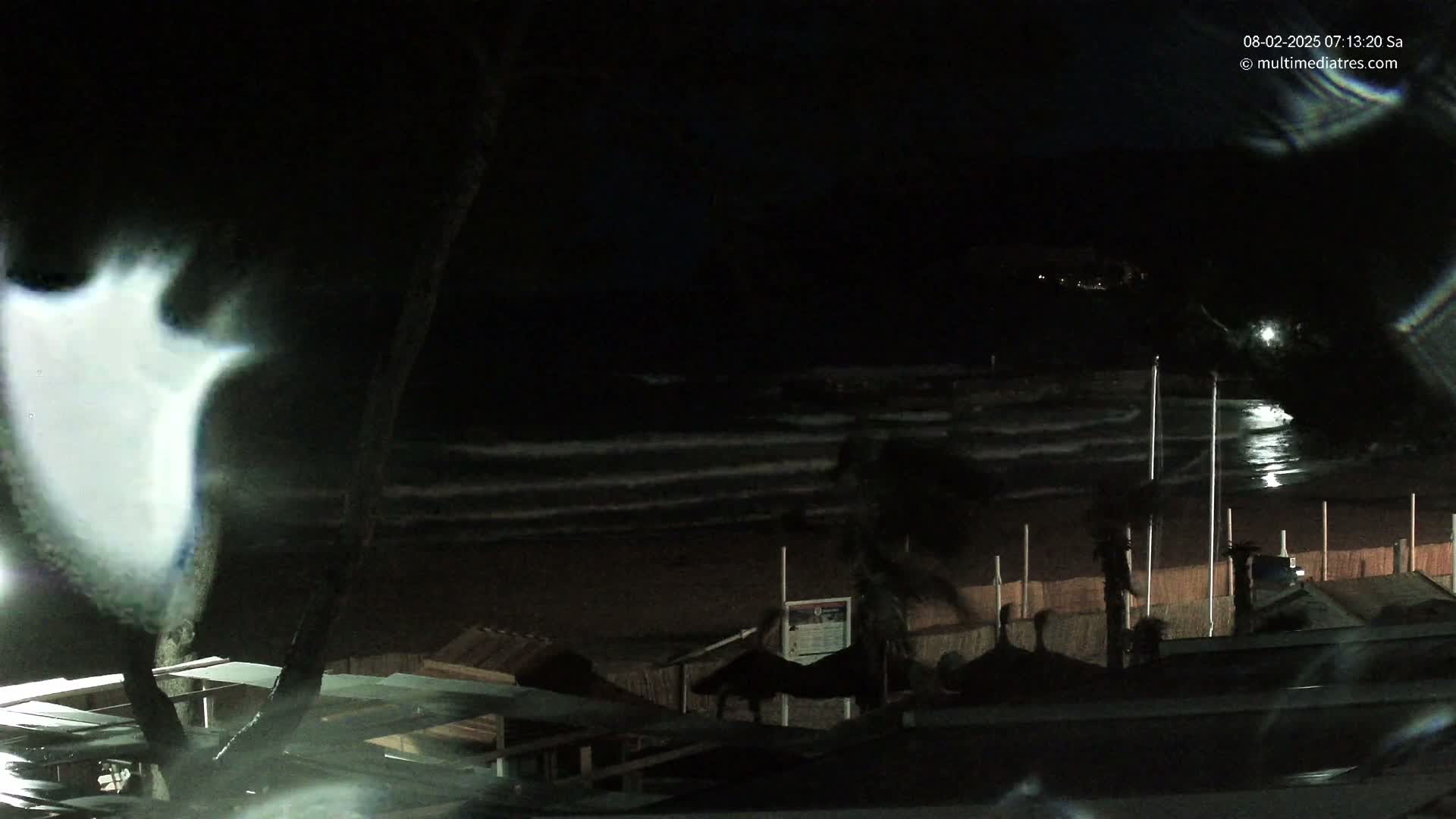 A nighttime view of a dark beach with gentle waves, partially obscured by foliage and structures.