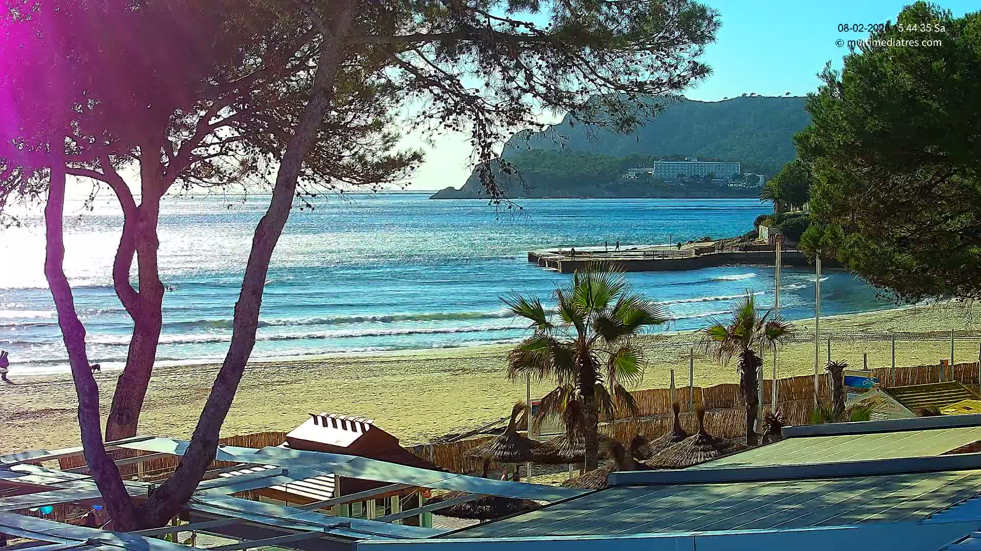 A sandy beach with gentle waves laps the shore under a sunny sky, palm trees and beach umbrellas dot the foreground, and a rocky hill rises in the background.