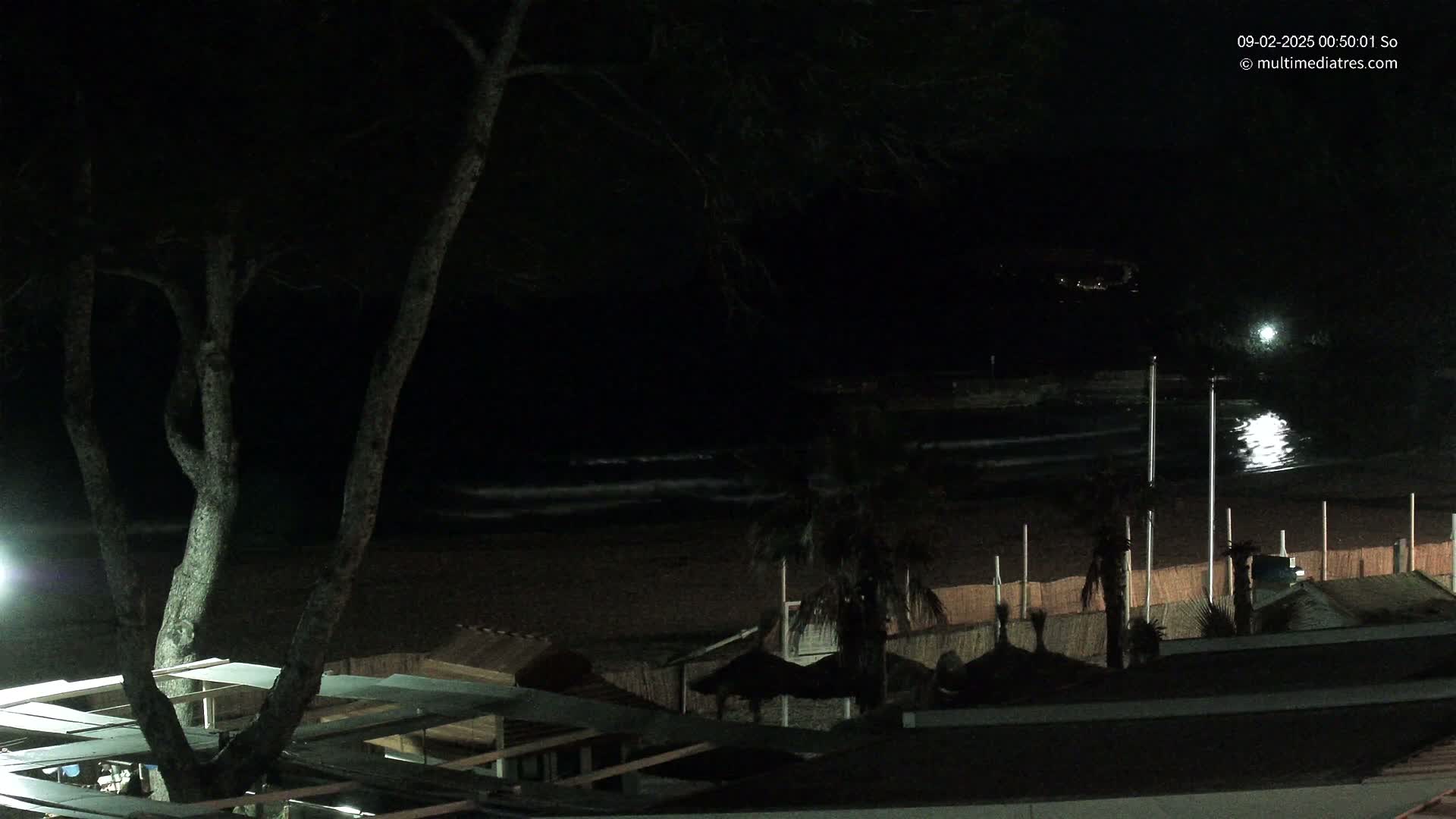 A nighttime view of a dark sandy beach with gentle waves, palm trees, and beach structures under a mostly clear sky.