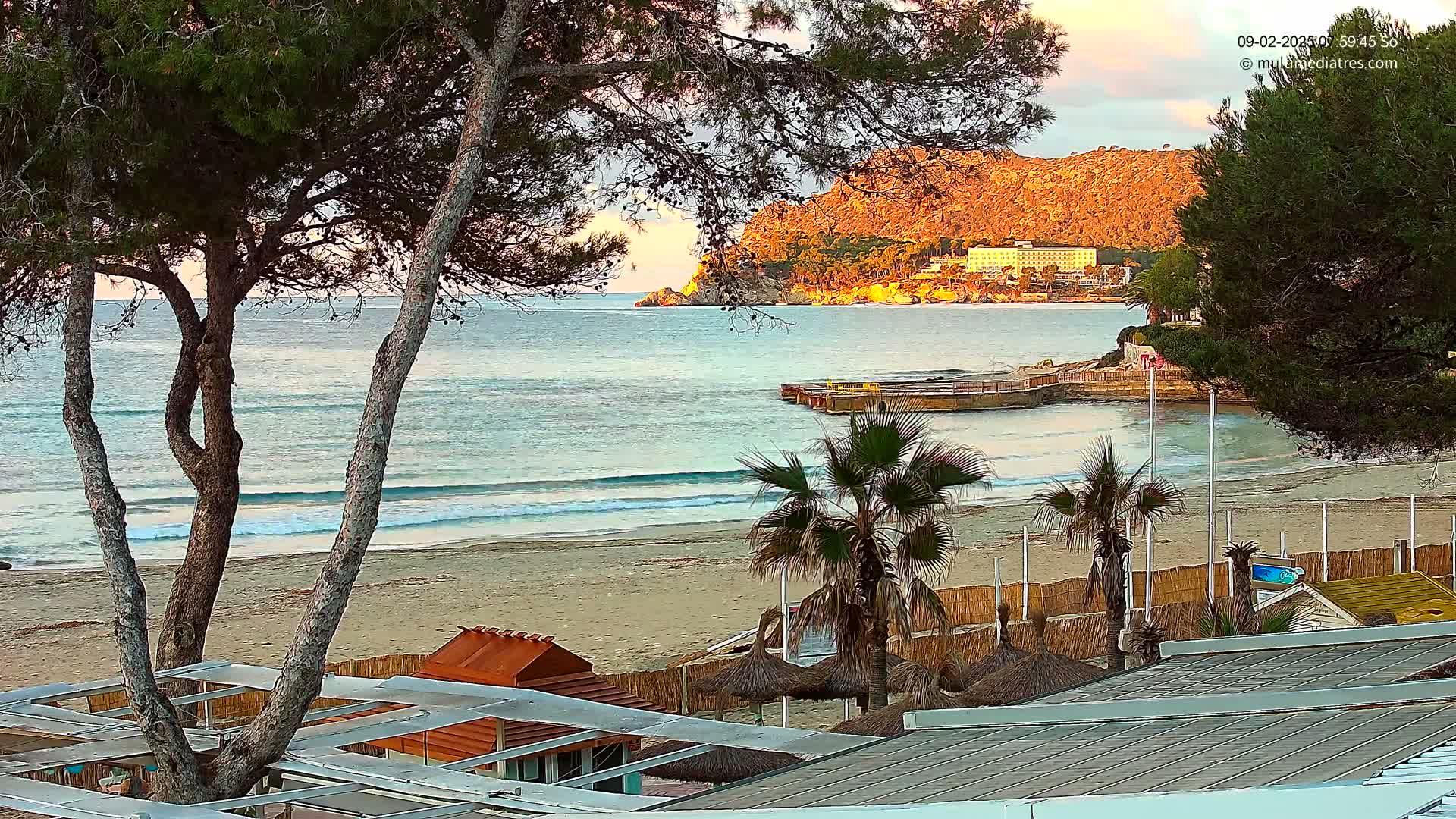 A sandy beach with calm, light-blue waves laps the shore under a mostly clear sky, with palm trees and beach structures in the foreground and a hilly coastline in the background.