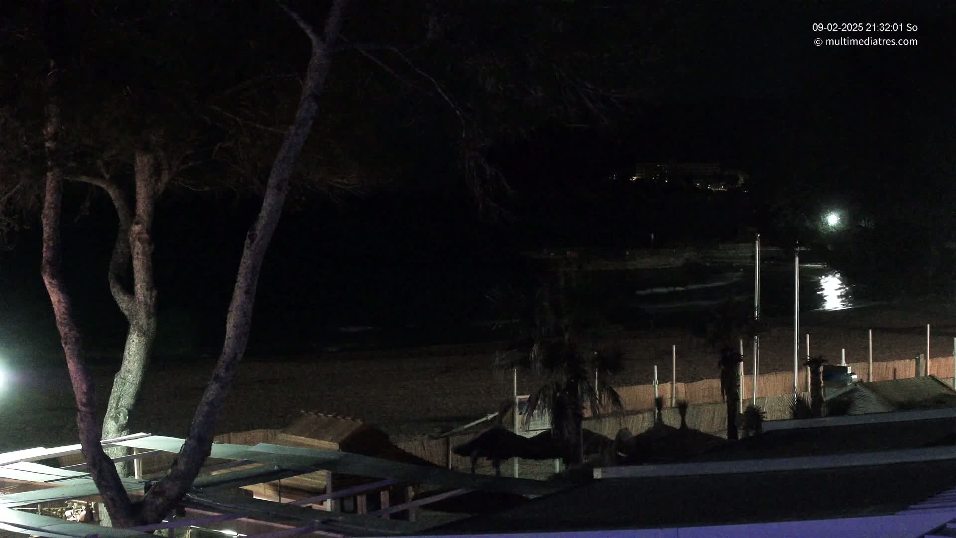 A nighttime view of a dark beach with a calm sea, some palm trees, and beach structures under a mostly clear sky.