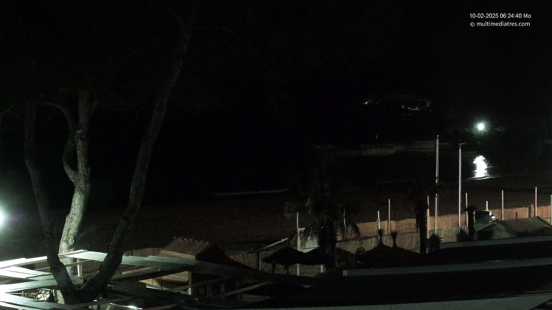 A nighttime view of a dark beach with a tree, some small structures, and calm water reflecting a light.