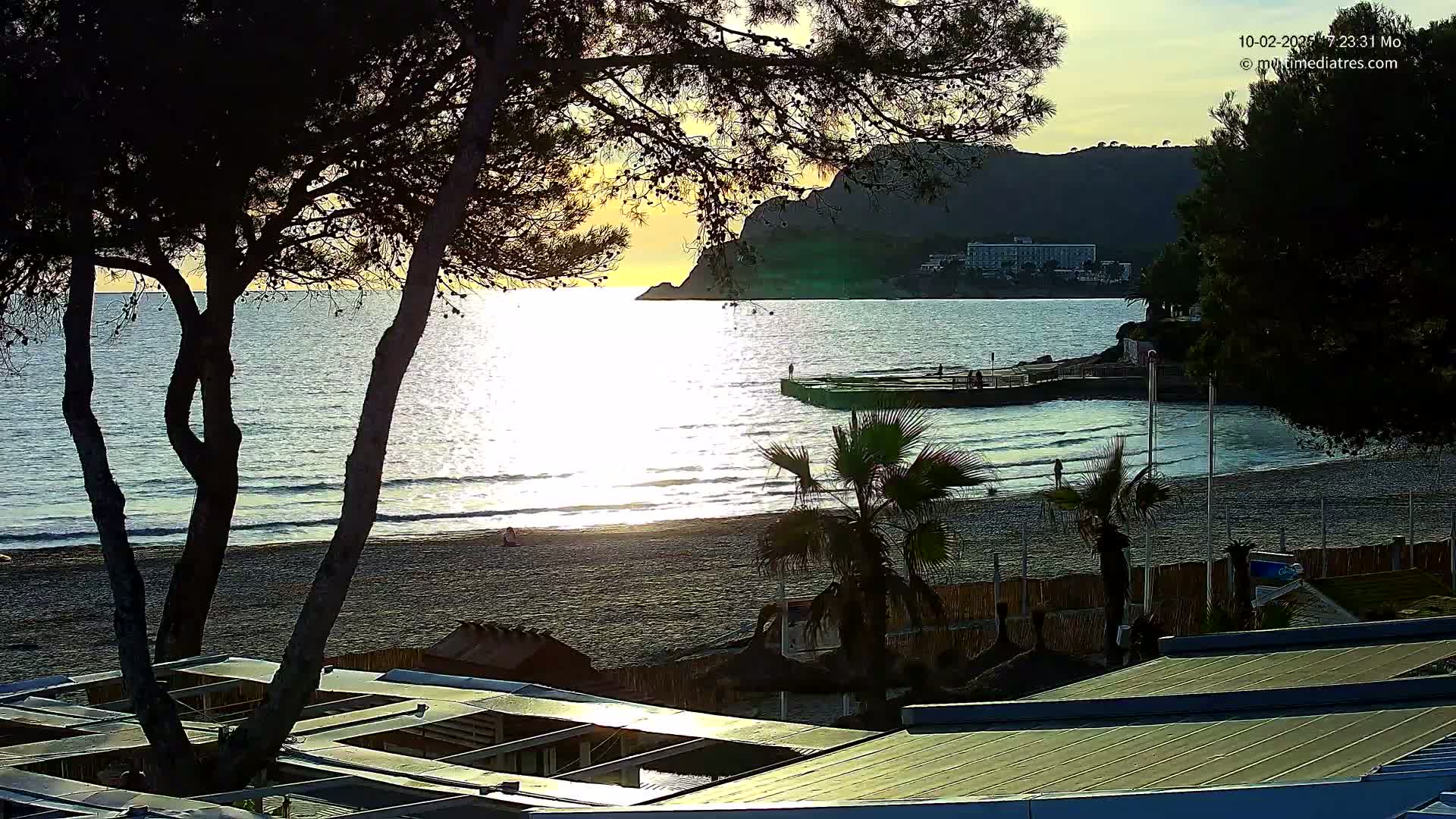 A sandy beach with calm waves at sunset, partially obscured by silhouetted trees and palm trees, overlooks a calm sea and distant hills.