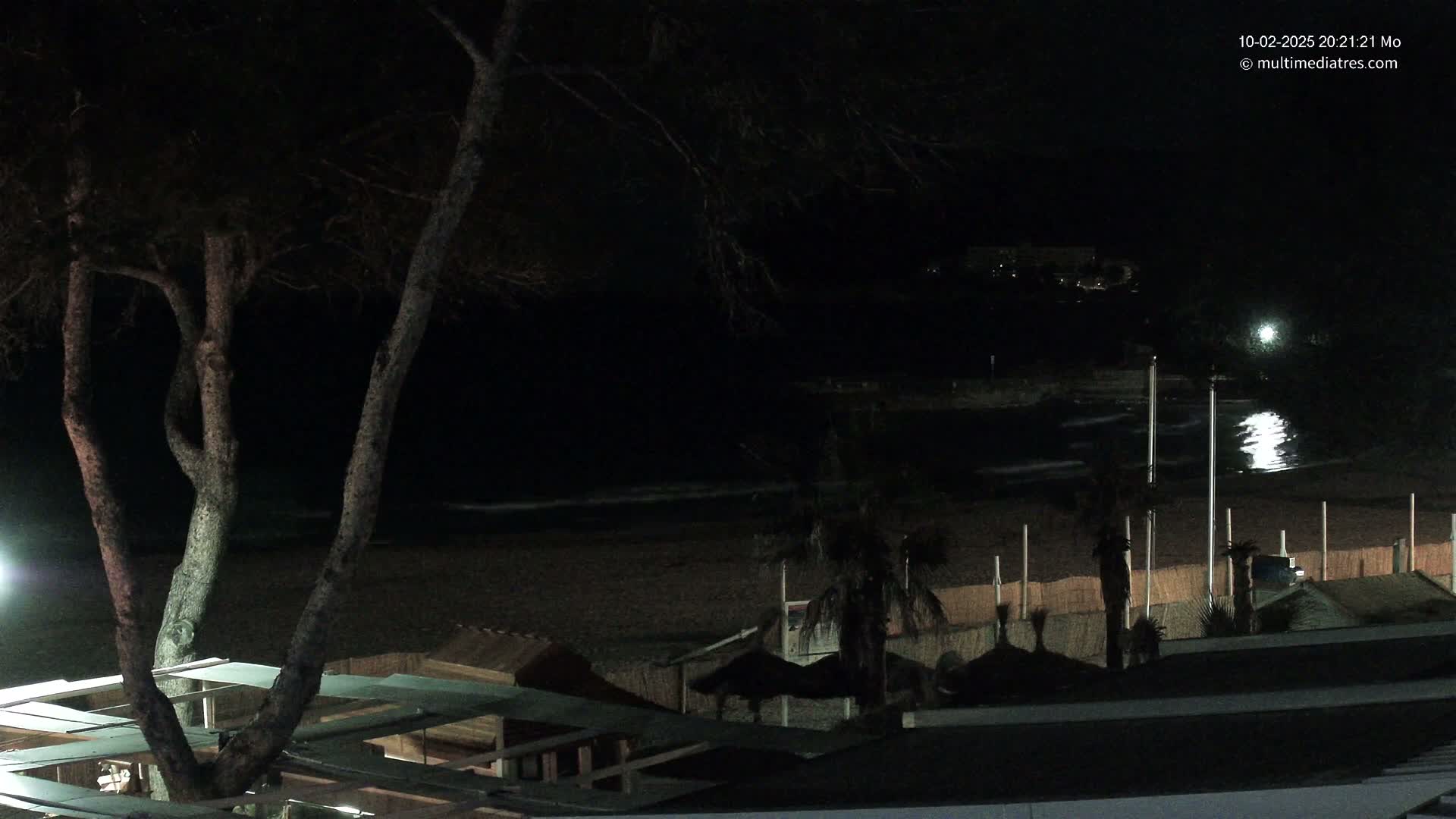 A dark, nighttime view of a beach with calm water, palm trees, and beachside structures under a mostly clear sky.