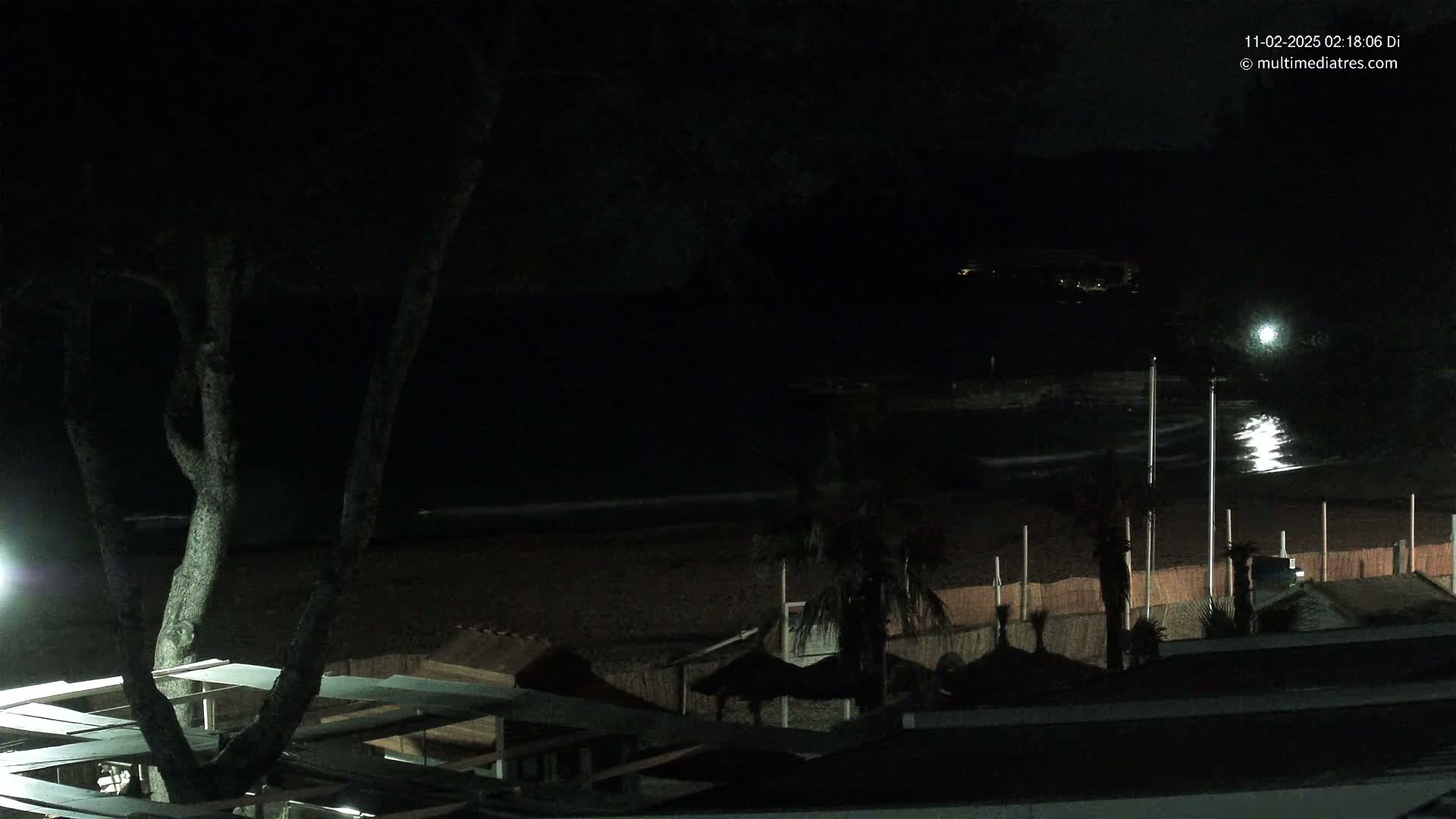 A dark, nighttime beach scene with a tree in the foreground, several beach umbrellas and buildings in the midground, and a calm, dark ocean in the background under a mostly clear sky.